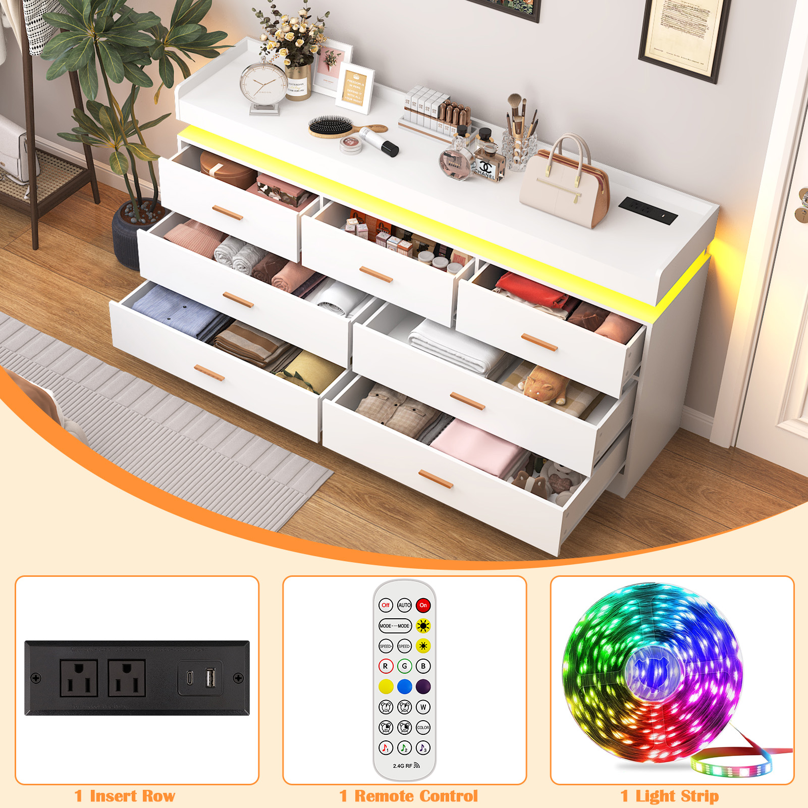 ANPOO 7 Drawer Dresser with Charging Station and LED Lights, Modern Wood Dresser with Wide Drawers and Metal Handles for Bedroom, Living Room