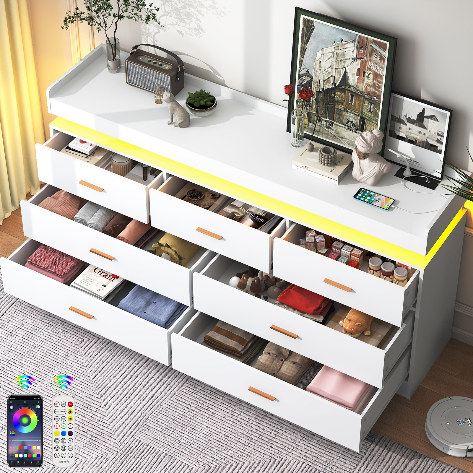 ANPOO 7 Drawer Dresser with Charging Station and LED Lights, Modern Wood Dresser with Wide Drawers and Metal Handles for Bedroom, Living Room