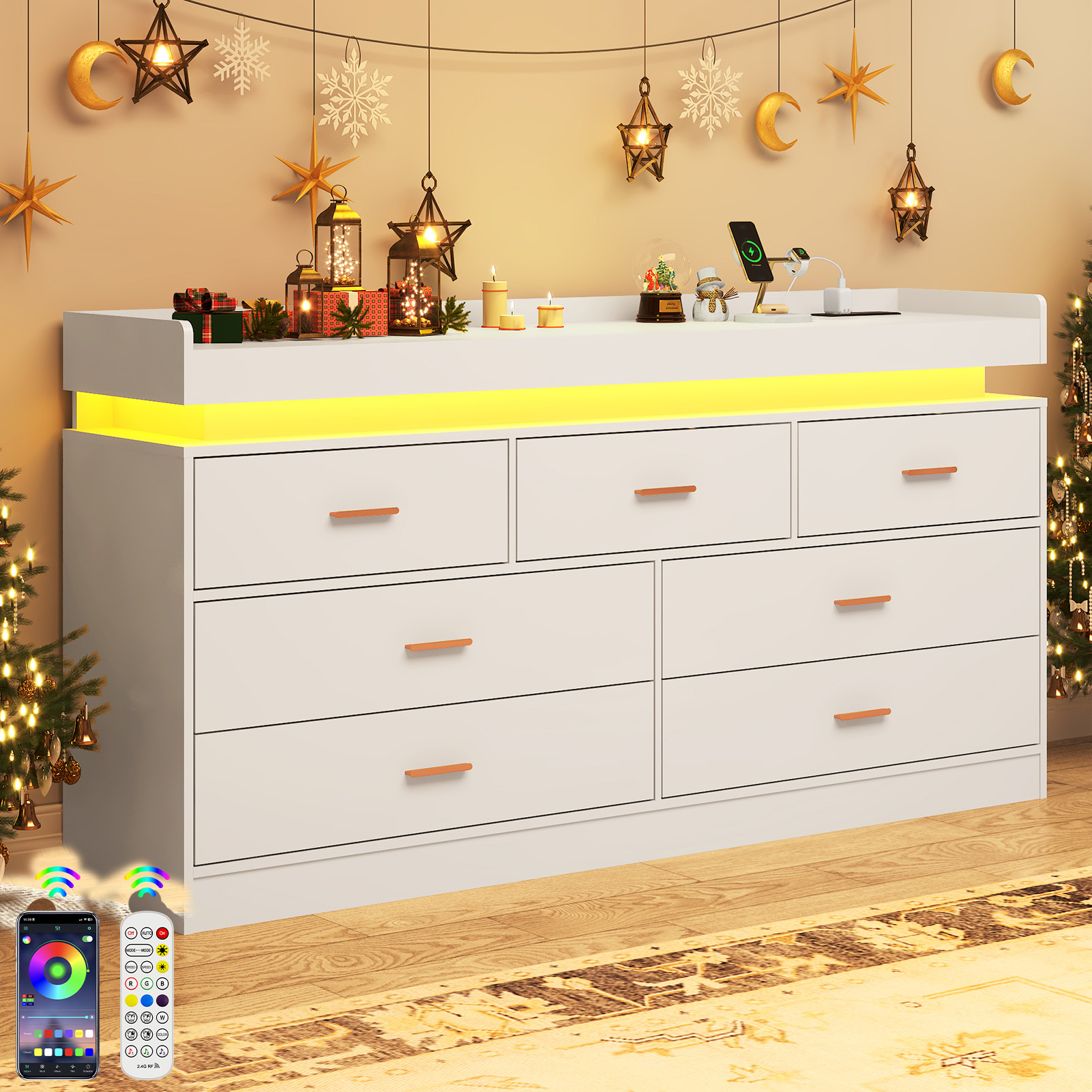 ANPOO 7 Drawer Dresser with Charging Station and LED Lights, Modern Wood Dresser with Wide Drawers and Metal Handles for Bedroom, Living Room