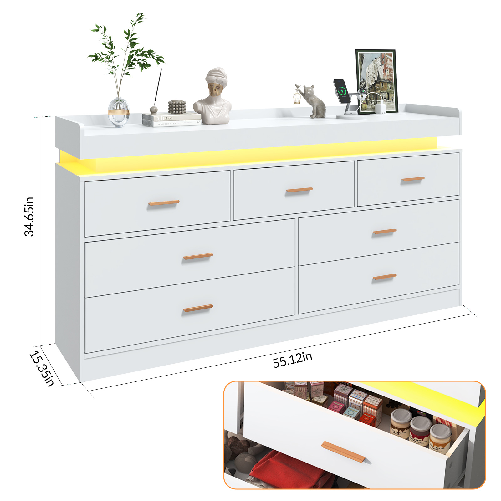 ANPOO 7 Drawer Dresser with Charging Station and LED Lights, Modern Wood Dresser with Wide Drawers and Metal Handles for Bedroom, Living Room