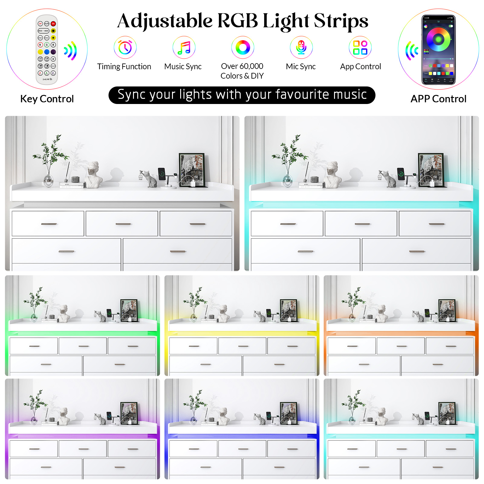 ANPOO 7 Drawer Dresser with Charging Station and LED Lights, Modern Wood Dresser with Wide Drawers and Metal Handles for Bedroom, Living Room