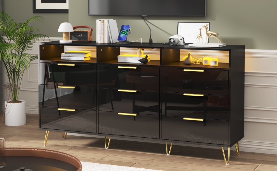 ChVans Black Dresser with LED Lights for Bedroom, Modern Wood Dresser with Wide Drawers and Metal Handles, 9 drawer dresser for Kids Living Room, Bedroom, Hallway