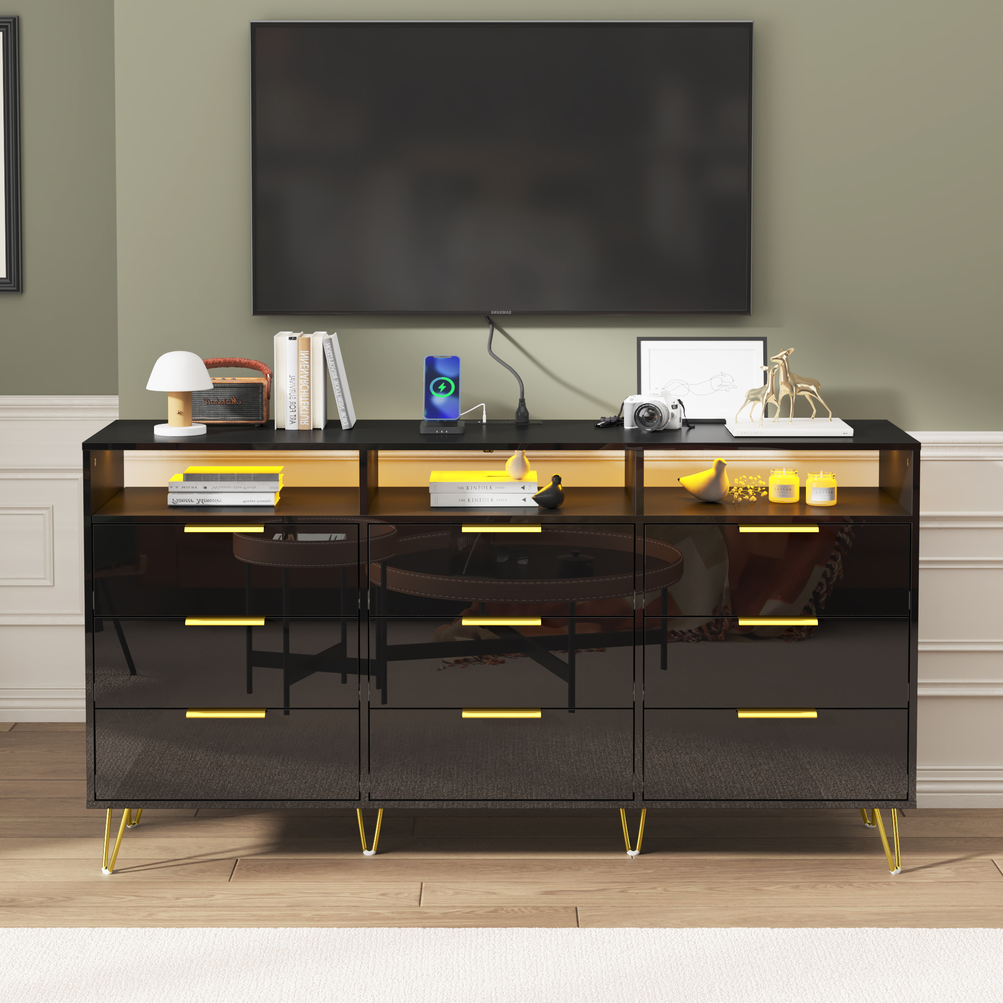 ChVans Black Dresser with LED Lights for Bedroom, Modern Wood Dresser with Wide Drawers and Metal Handles, 9 drawer dresser for Kids Living Room, Bedroom, Hallway