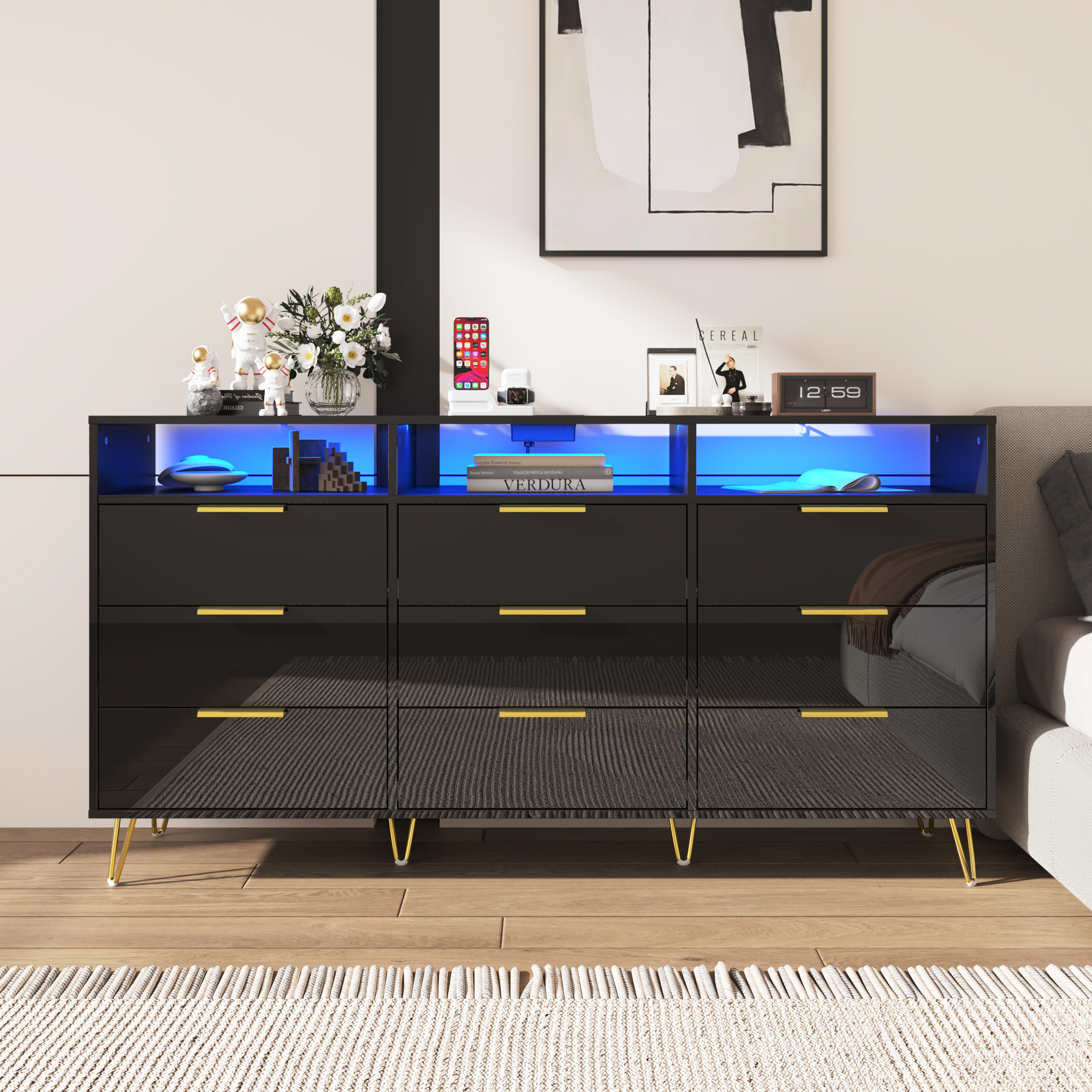 ChVans Black Dresser with LED Lights for Bedroom, Modern Wood Dresser with Wide Drawers and Metal Handles, 9 drawer dresser for Kids Living Room, Bedroom, Hallway