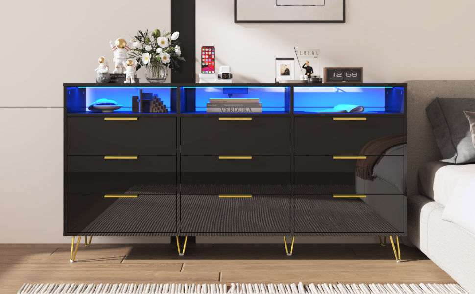 ChVans Black Dresser with LED Lights for Bedroom, Modern Wood Dresser with Wide Drawers and Metal Handles, 9 drawer dresser for Kids Living Room, Bedroom, Hallway