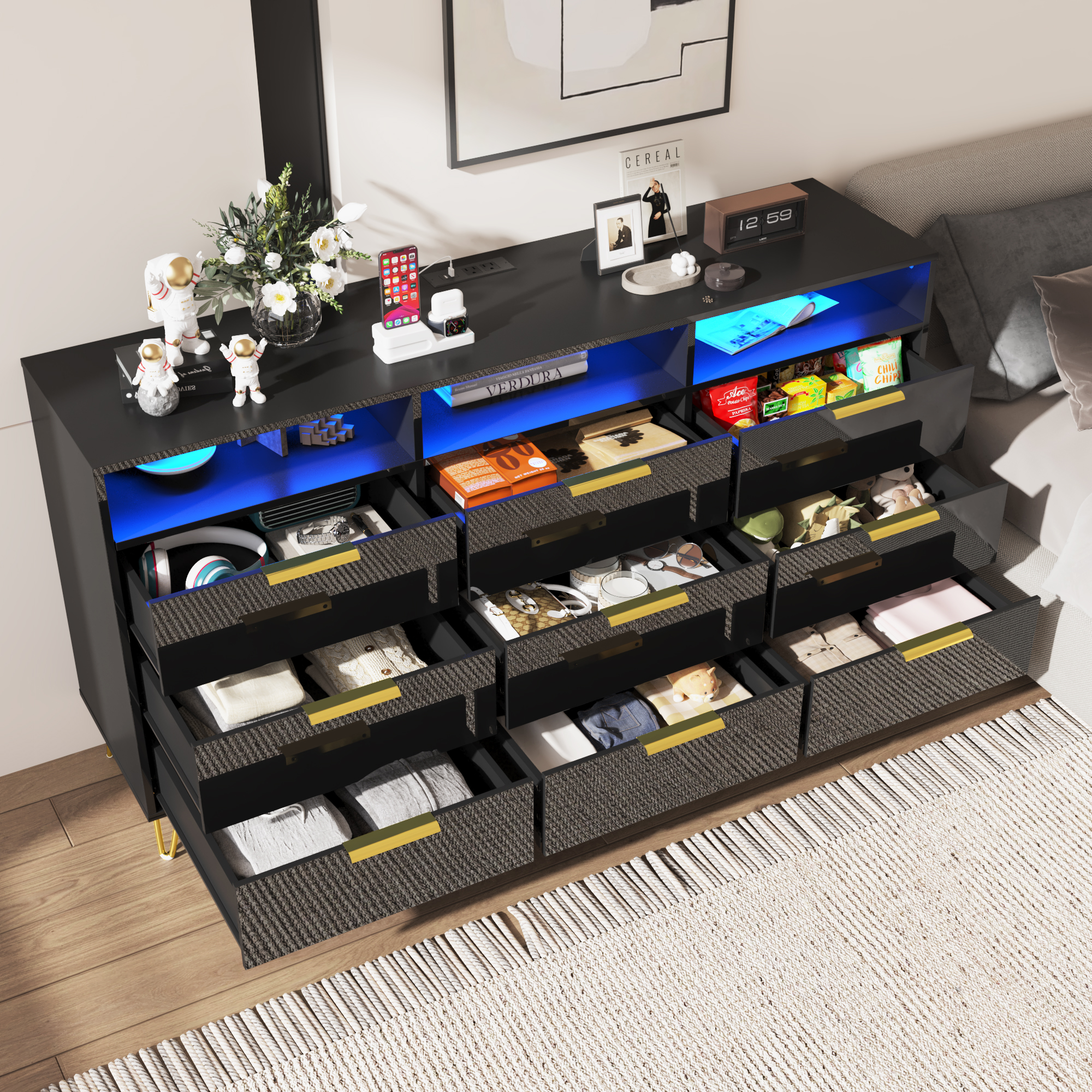 ChVans Black Dresser with LED Lights for Bedroom, Modern Wood Dresser with Wide Drawers and Metal Handles, 9 drawer dresser for Kids Living Room, Bedroom, Hallway