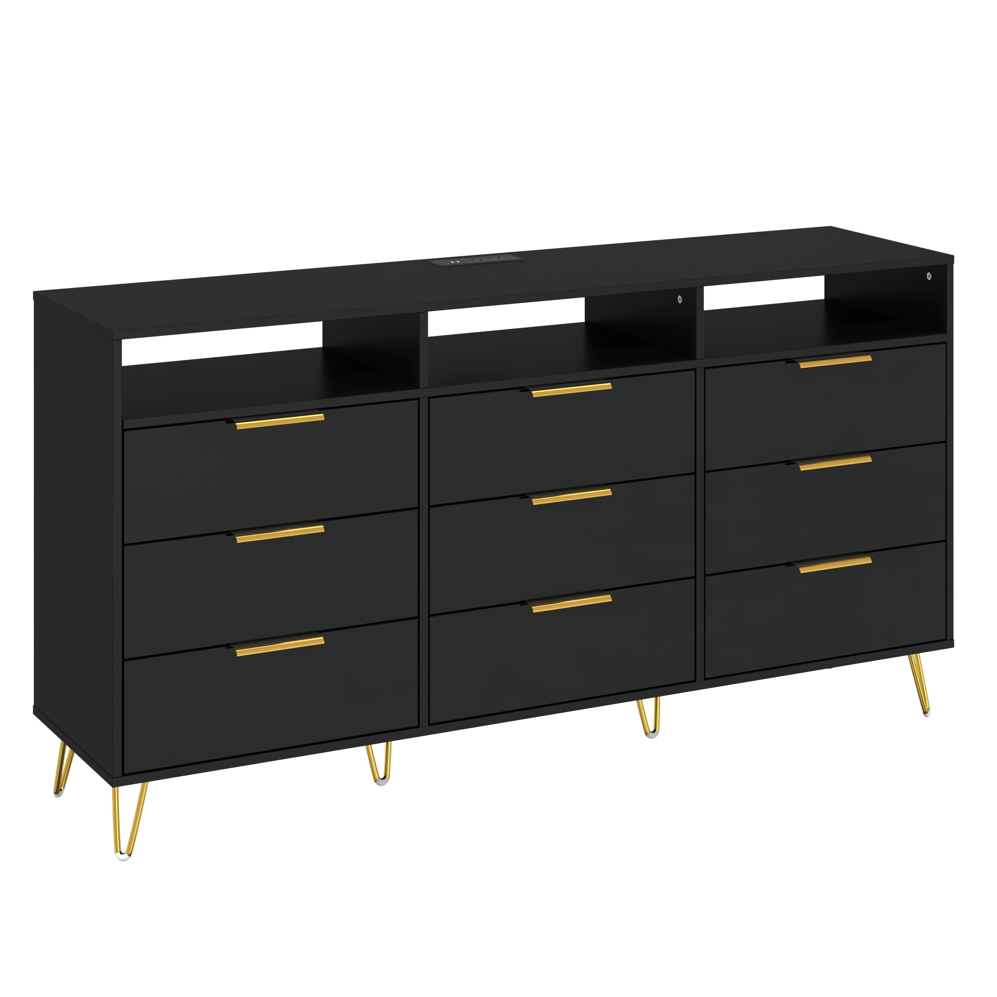 ChVans Black Dresser with LED Lights for Bedroom, Modern Wood Dresser with Wide Drawers and Metal Handles, 9 drawer dresser for Kids Living Room, Bedroom, Hallway