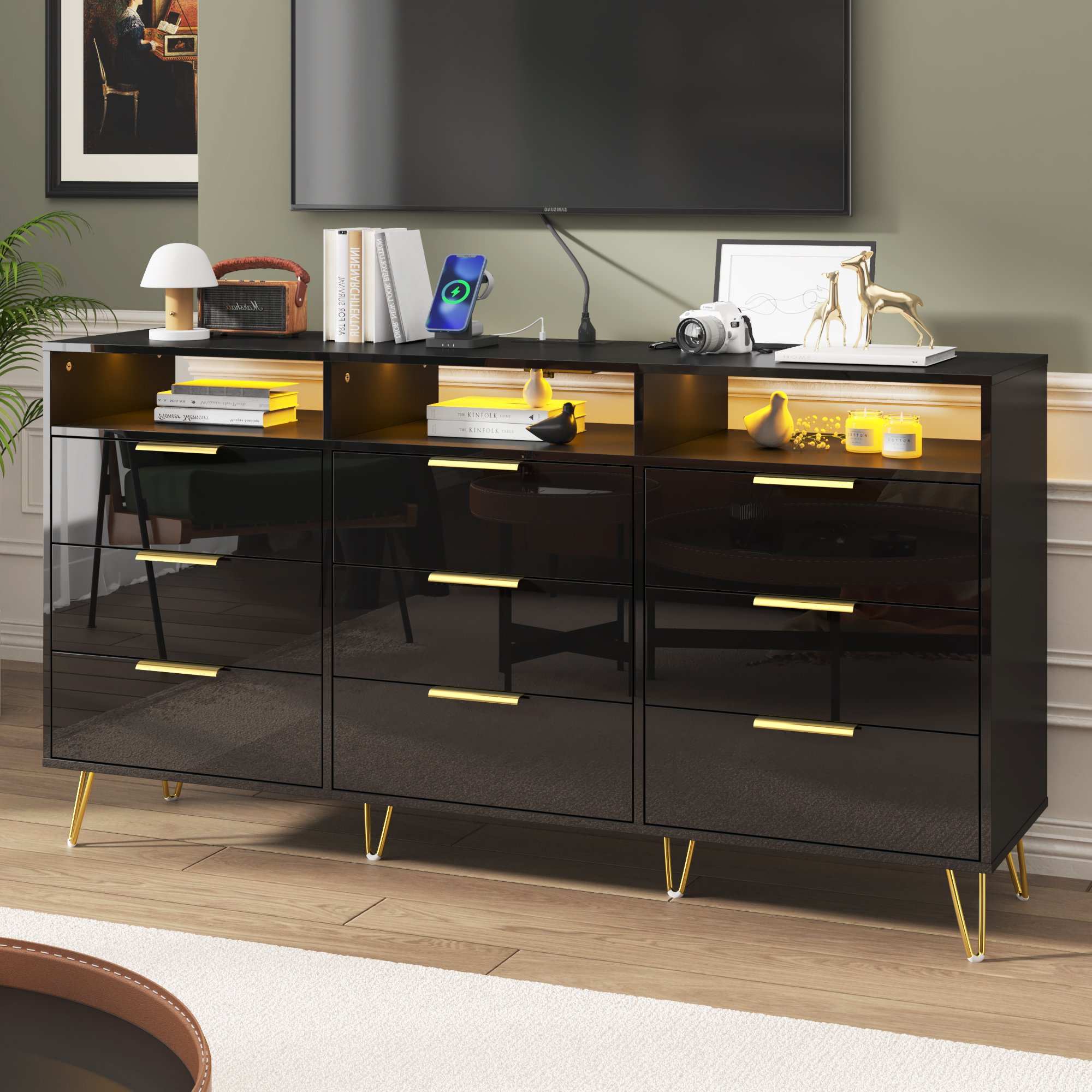 ChVans Black Dresser with LED Lights for Bedroom, Modern Wood Dresser with Wide Drawers and Metal Handles, 9 drawer dresser for Kids Living Room, Bedroom, Hallway