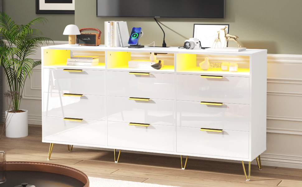 ChVans Black Dresser with LED Lights for Bedroom, Modern Wood Dresser with Wide Drawers and Metal Handles, 9 drawer dresser for Kids Living Room, Bedroom, Hallway