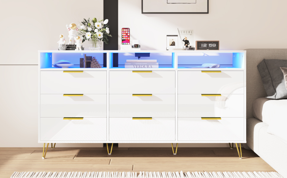 ChVans Black Dresser with LED Lights for Bedroom, Modern Wood Dresser with Wide Drawers and Metal Handles, 9 drawer dresser for Kids Living Room, Bedroom, Hallway