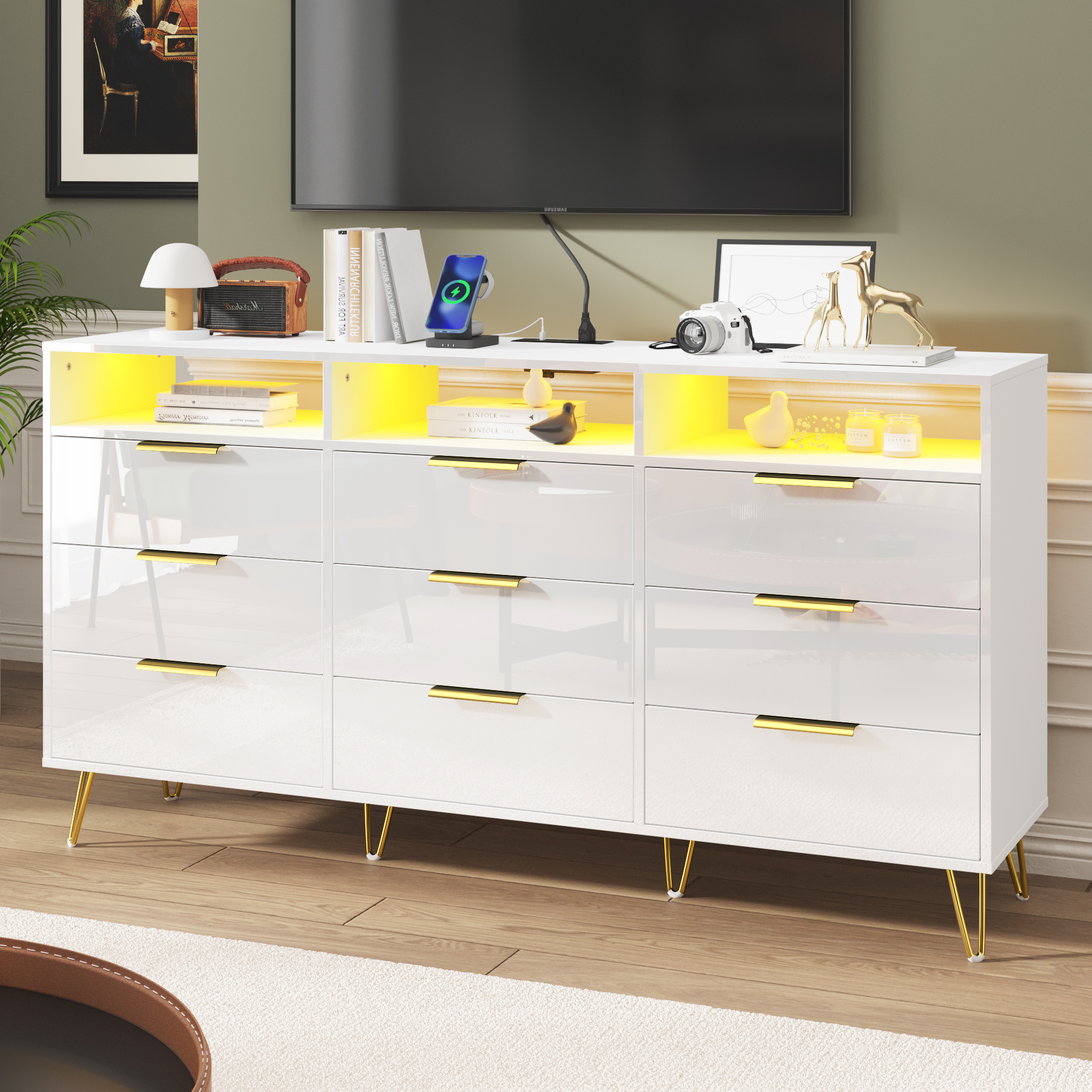 ChVans Black Dresser with LED Lights for Bedroom, Modern Wood Dresser with Wide Drawers and Metal Handles, 9 drawer dresser for Kids Living Room, Bedroom, Hallway