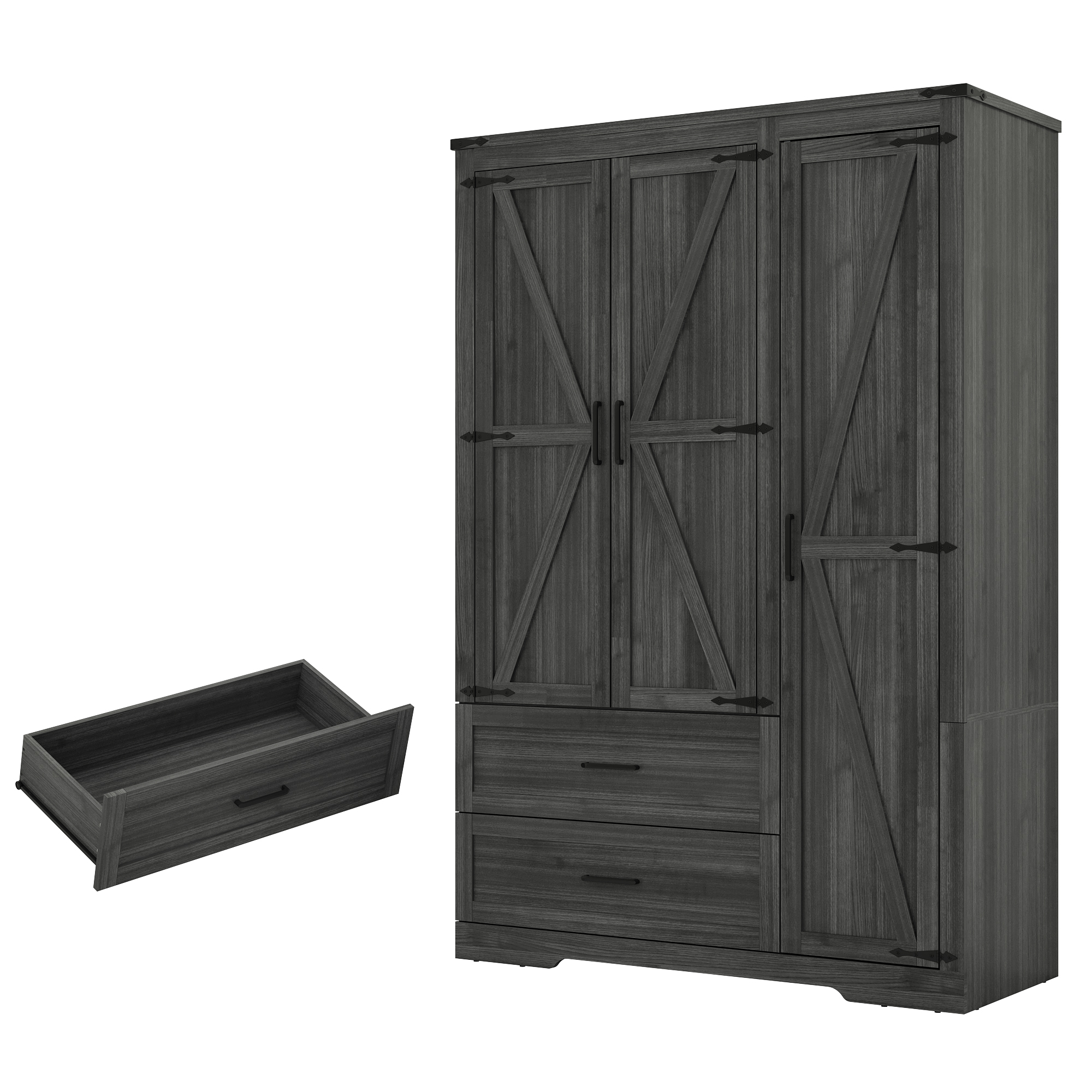 ChVans 70" Farmhouse Armoire Wardrobe Closet with Doors and Drawers, 4 Barn Doors Wardrobe Armoire with Hanging Rods and Multi-Layer Shelves for Bedroom, Grey-70"