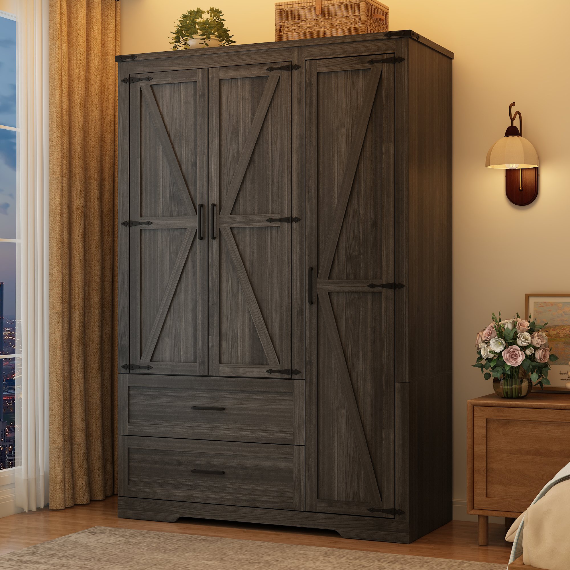 ChVans 70" Farmhouse Armoire Wardrobe Closet with Doors and Drawers, 4 Barn Doors Wardrobe Armoire with Hanging Rods and Multi-Layer Shelves for Bedroom, Grey-70"