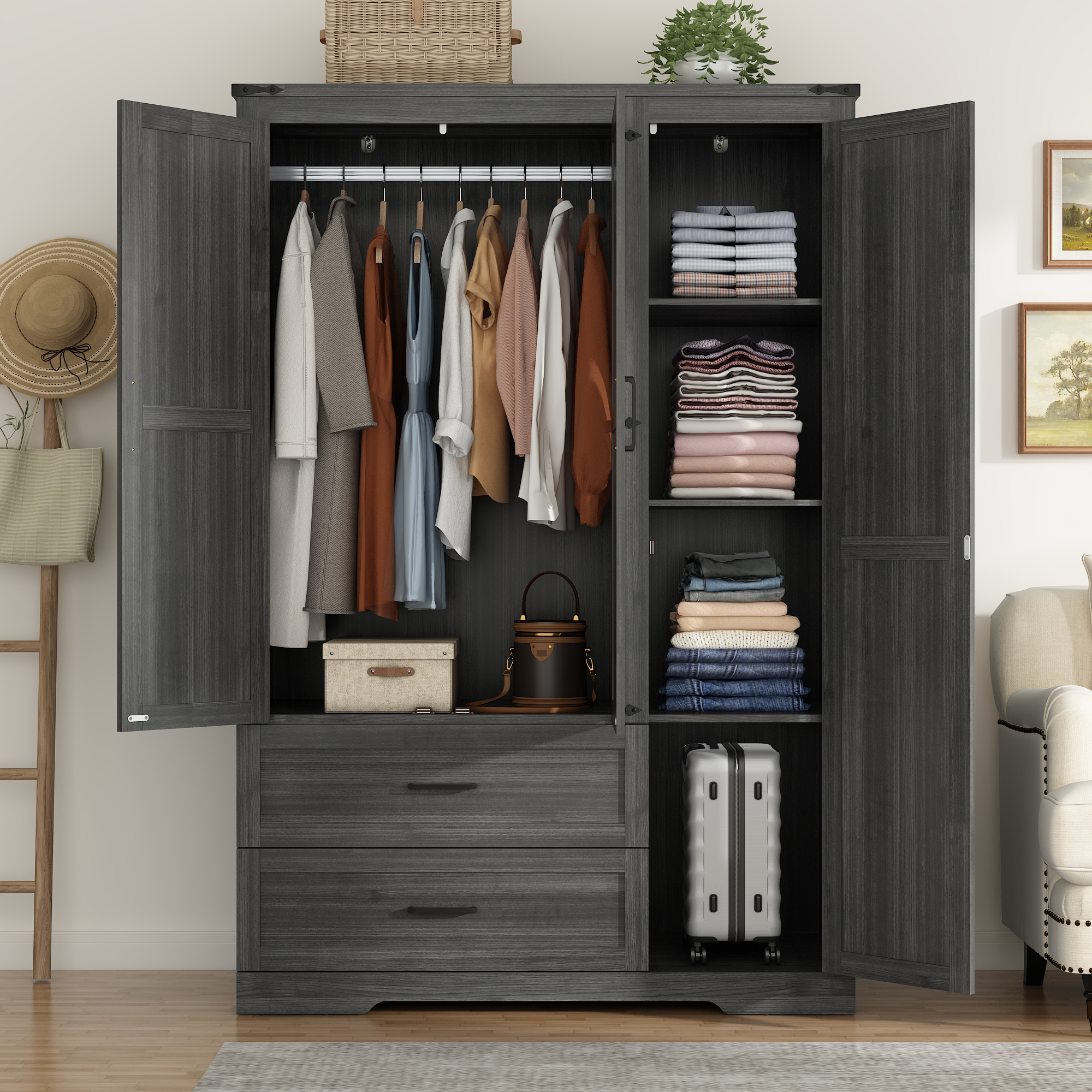ChVans 70" Farmhouse Armoire Wardrobe Closet with Doors and Drawers, 4 Barn Doors Wardrobe Armoire with Hanging Rods and Multi-Layer Shelves for Bedroom, Grey-70"