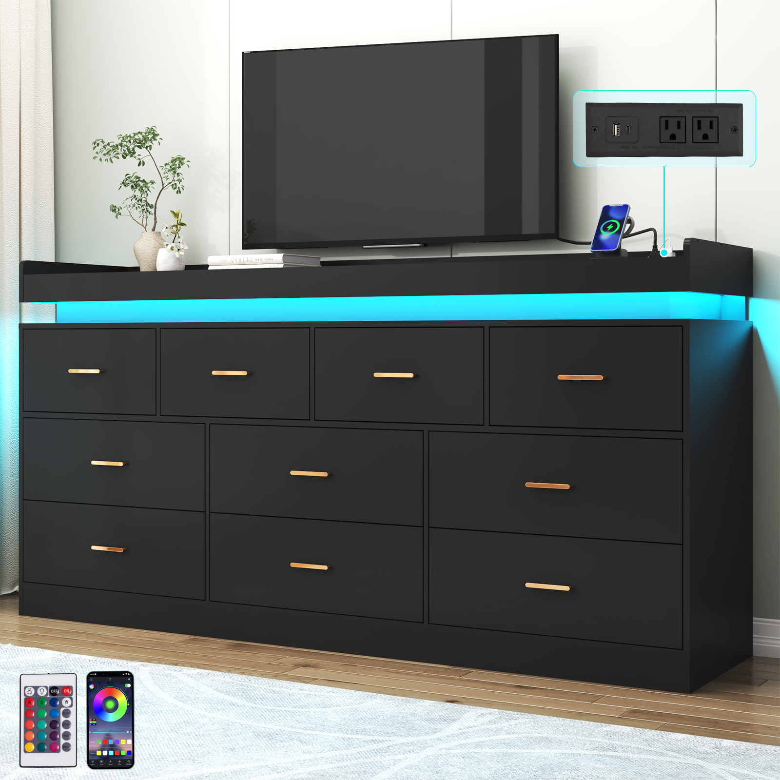 ChVans 10 Drawer Dresser with LED Lights and Charging Station, 70" Wide wood Chest of Drawers and Metal Handles, 39.8" Tall drawers dresser for bedroom, Living Room, Entryway, Hallway