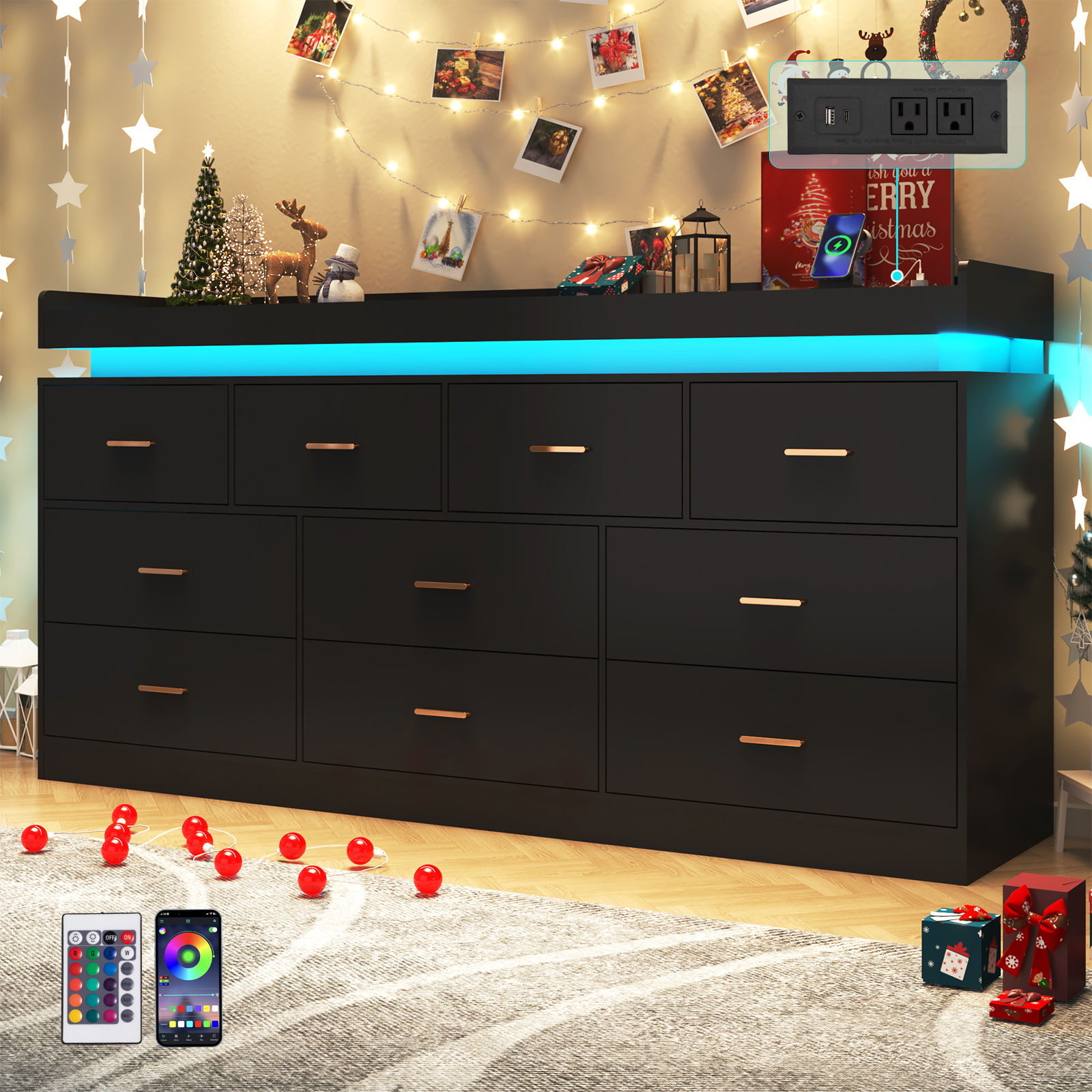 ChVans Black Dresser with LED Light, Modern Wood Dresser with Wide Drawers and Metal Handles, 9 drawer dresser for Bedroom, Living Room, Entryway, Hallway
