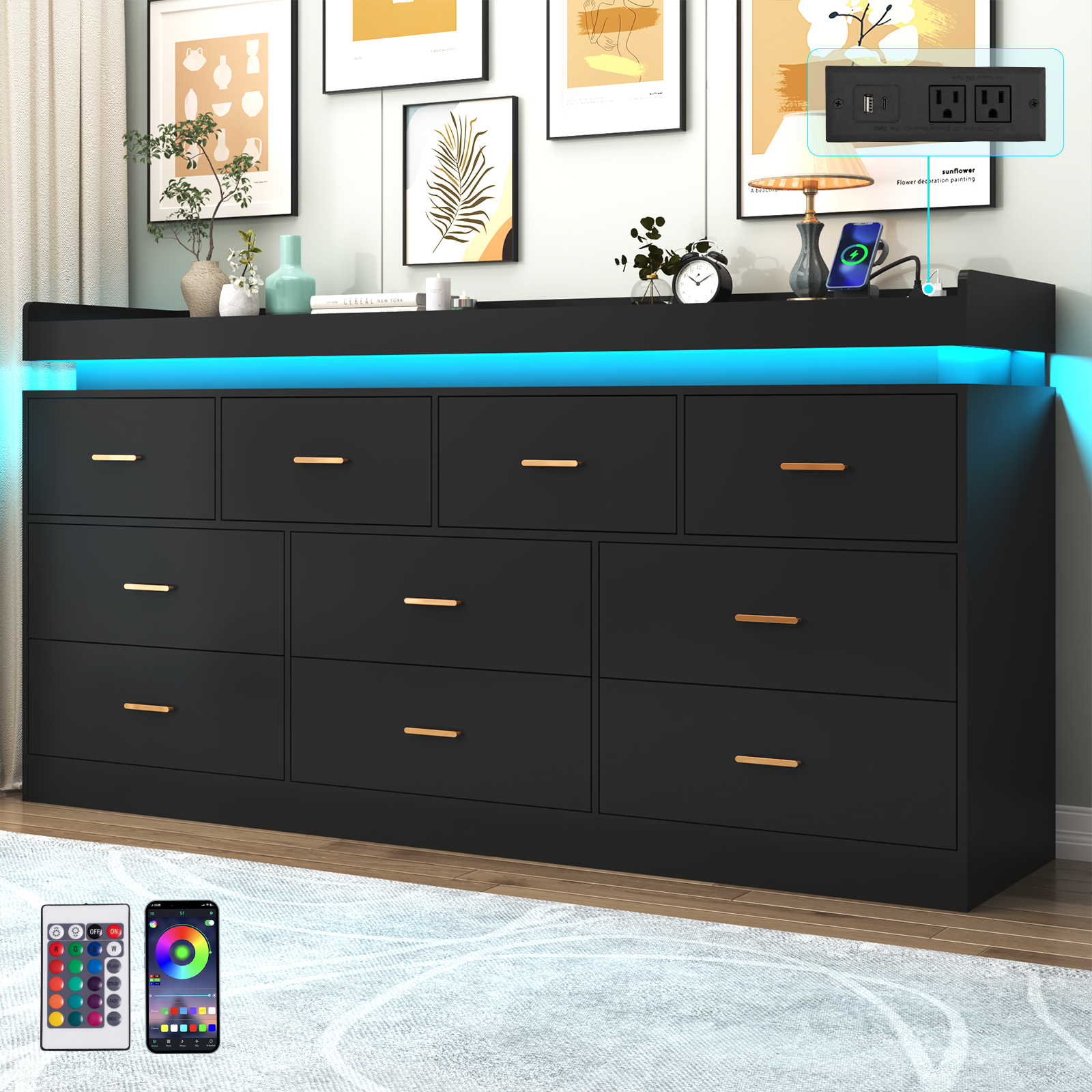 ChVans Black Dresser with LED Light, Modern Wood Dresser with Wide Drawers and Metal Handles, 9 drawer dresser for Bedroom, Living Room, Entryway, Hallway