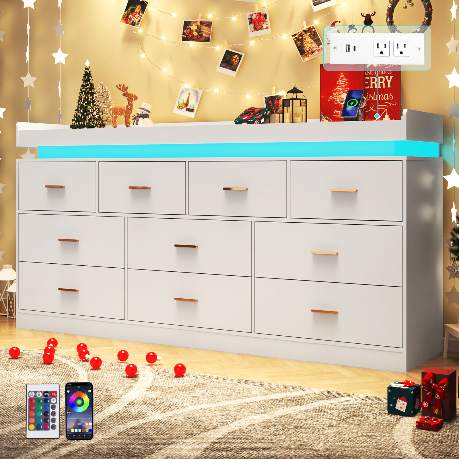 ChVans Black Dresser with LED Light, Modern Wood Dresser with Wide Drawers and Metal Handles, 9 drawer dresser for Bedroom, Living Room, Entryway, Hallway