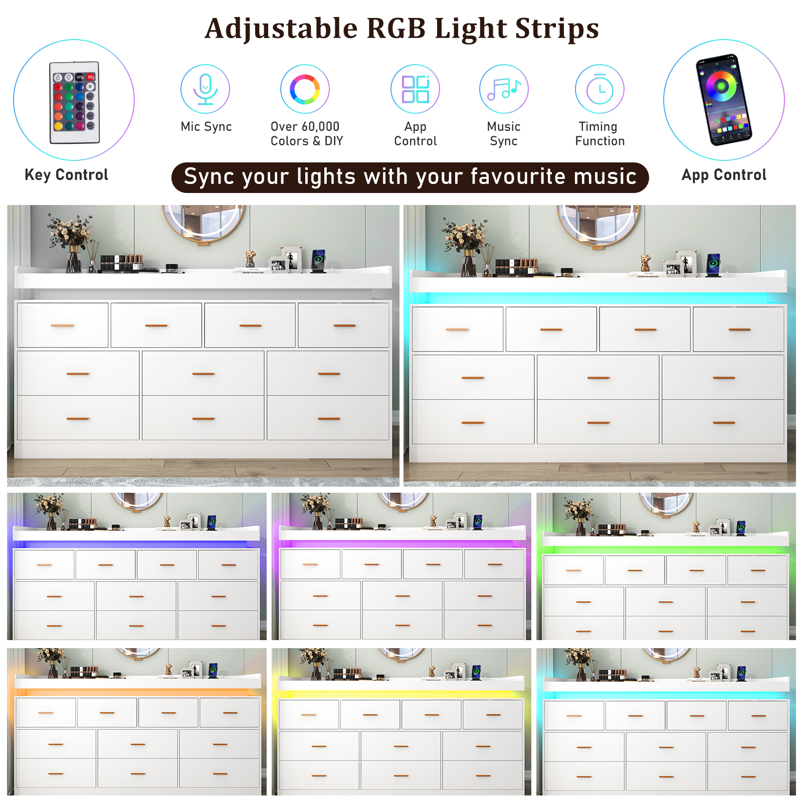 ChVans 10 Drawer Dresser with LED Lights and Charging Station, 70" Wide wood Chest of Drawers and Metal Handles, 39.8" Tall drawers dresser for bedroom, Living Room, Entryway, Hallway