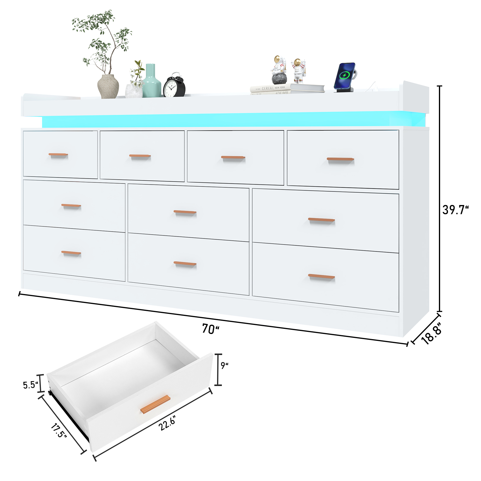 ChVans Black Dresser with LED Light, Modern Wood Dresser with Wide Drawers and Metal Handles, 9 drawer dresser for Bedroom, Living Room, Entryway, Hallway