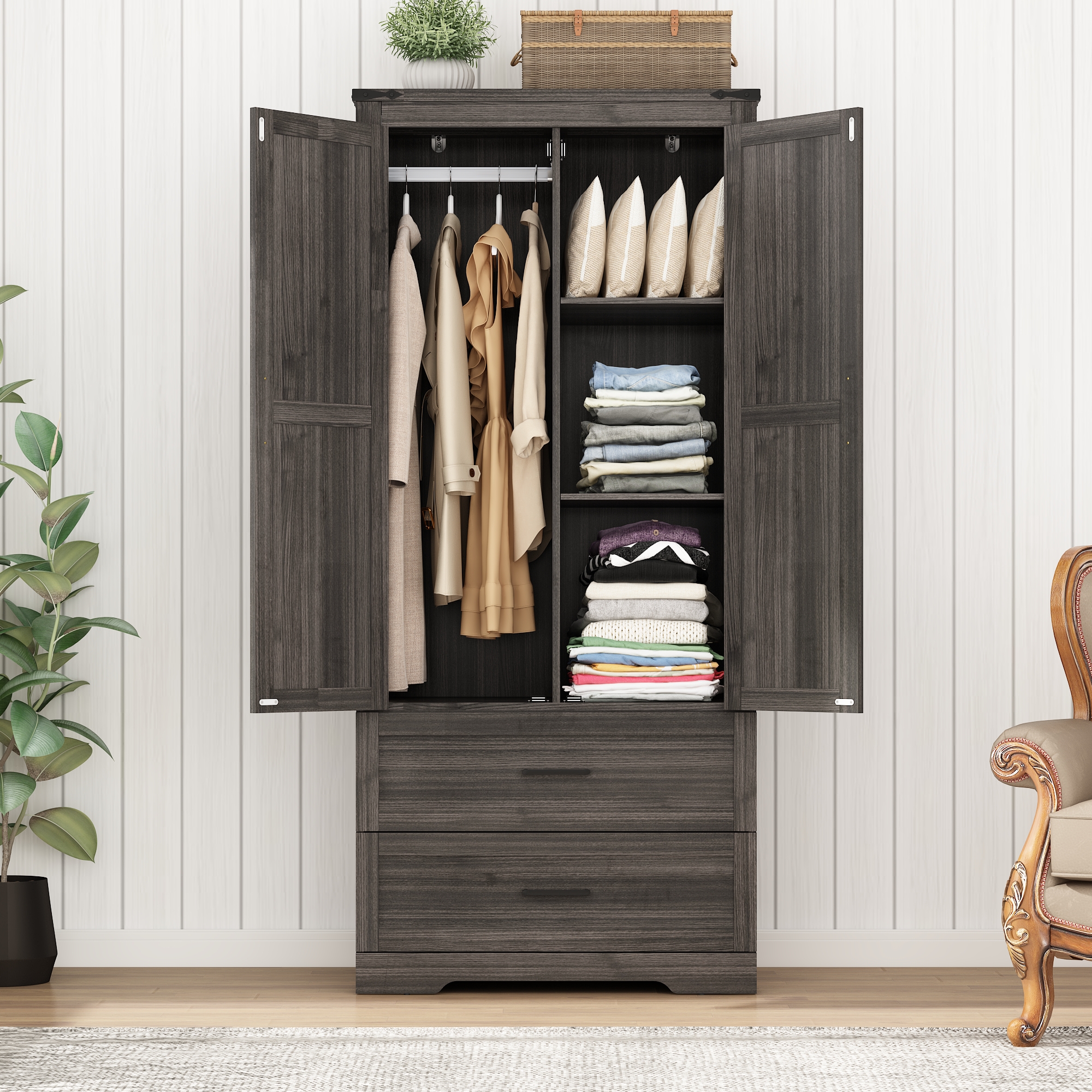 ChVans 70" Farmhouse Armoire Wardrobe Closet with Doors and Drawers, 4 Barn Doors Wardrobe Armoire with Hanging Rods and Multi-Layer Shelves for Bedroom, Grey-70"