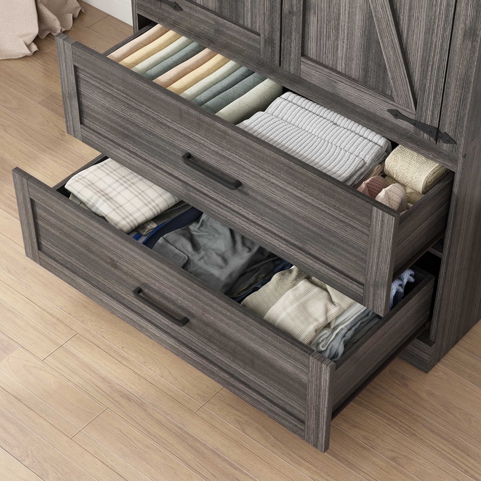 ChVans 70" Farmhouse Armoire Wardrobe Closet with Doors and Drawers, 4 Barn Doors Wardrobe Armoire with Hanging Rods and Multi-Layer Shelves for Bedroom, Grey-70"