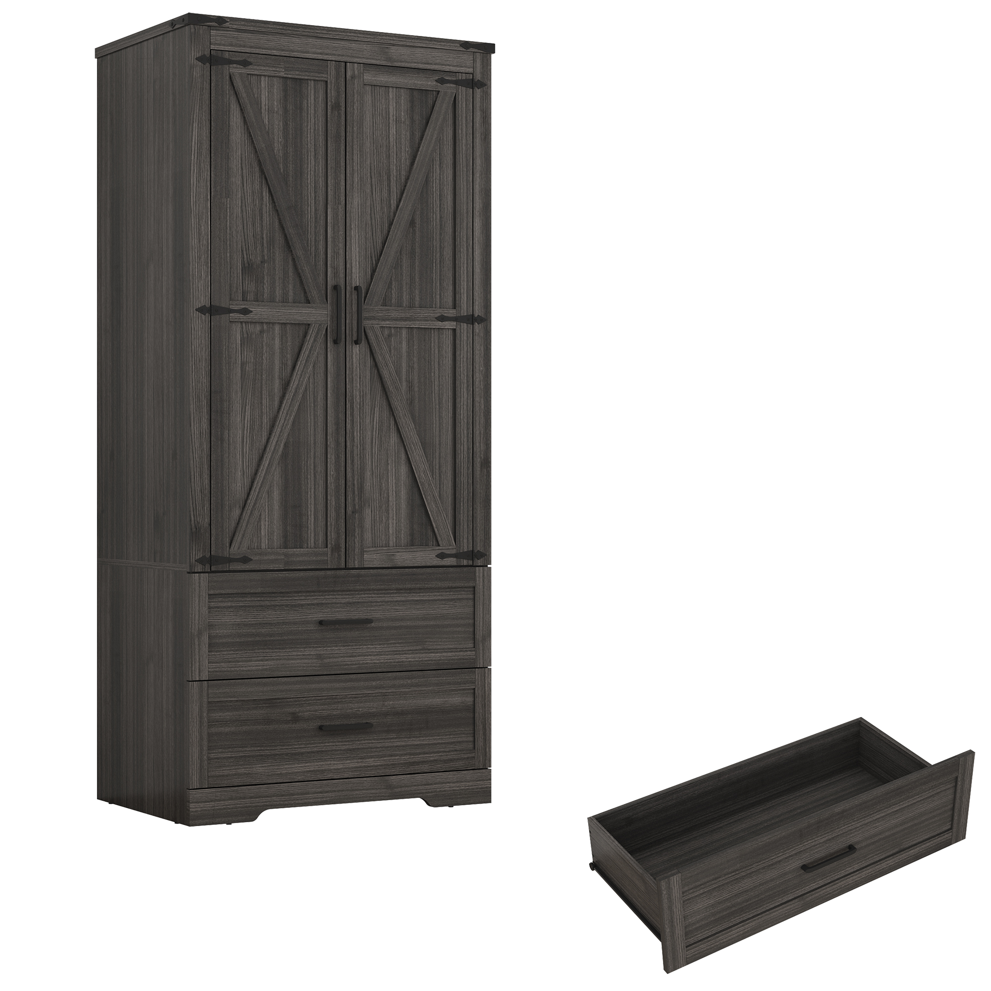 ChVans 70" Farmhouse Armoire Wardrobe Closet with Doors and Drawers, 4 Barn Doors Wardrobe Armoire with Hanging Rods and Multi-Layer Shelves for Bedroom, Grey-70"