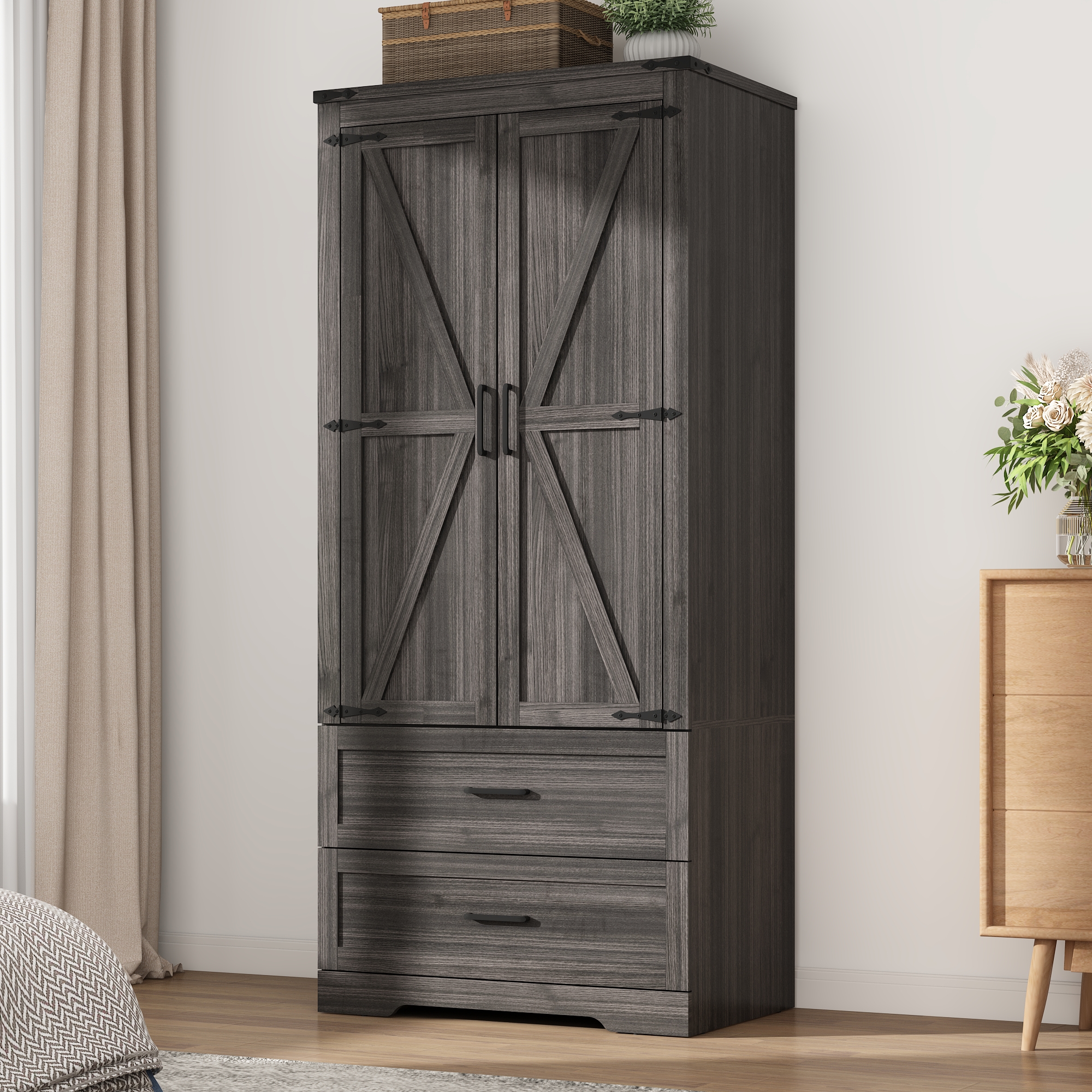 ChVans 70" Farmhouse Armoire Wardrobe Closet with Doors and Drawers, 4 Barn Doors Wardrobe Armoire with Hanging Rods and Multi-Layer Shelves for Bedroom, Grey-70"