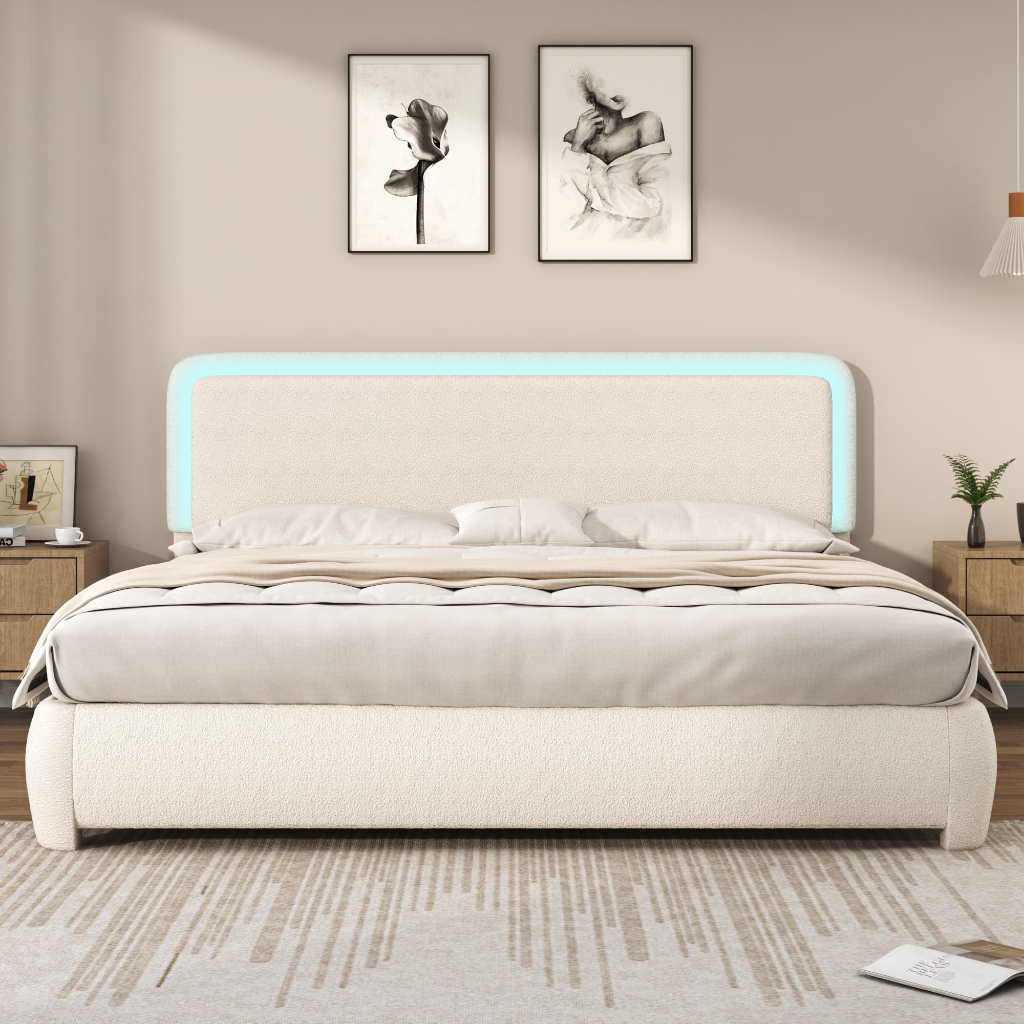 Boucle Upholstered Platform Bed with LED Light & Adjustable Headboard