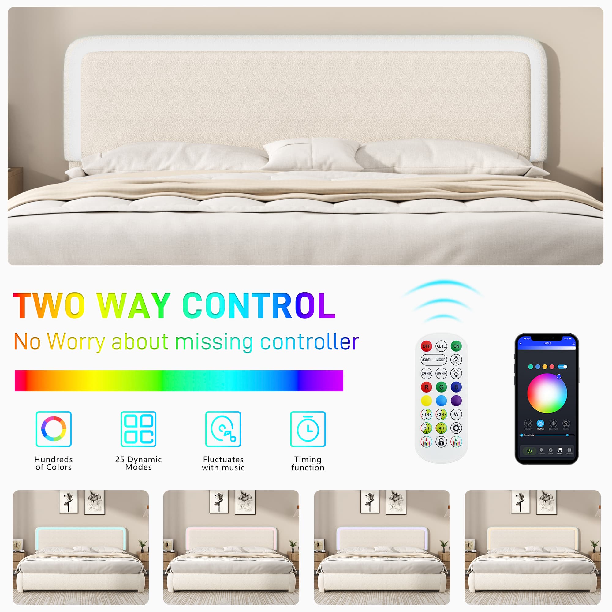 Boucle Upholstered Platform Bed with LED Light & Adjustable Headboard