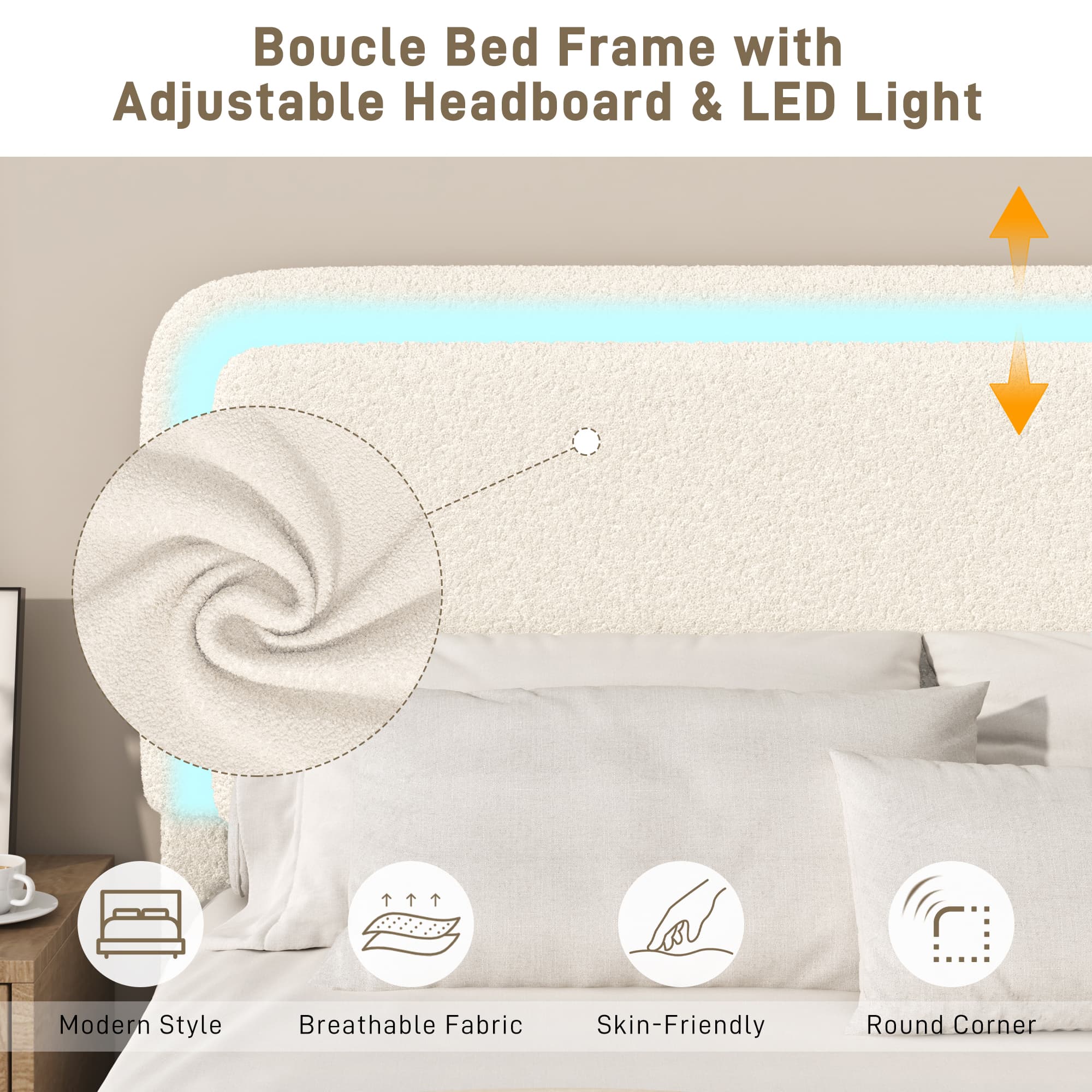 Boucle Upholstered Platform Bed with LED Light & Adjustable Headboard