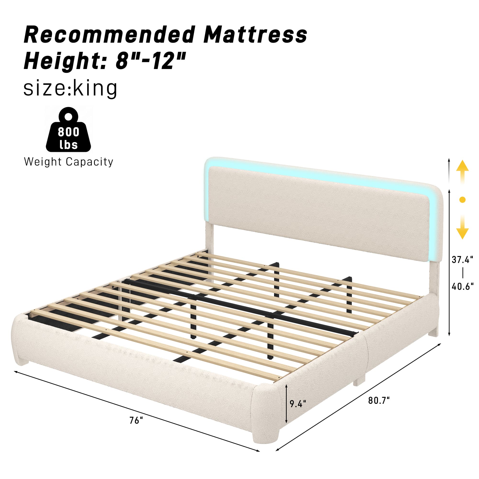 Boucle Upholstered Platform Bed with LED Light & Adjustable Headboard
