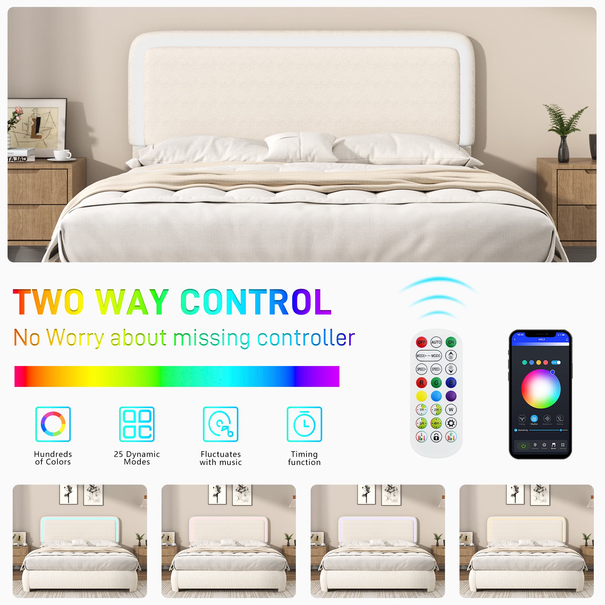 Boucle Upholstered Platform Bed with LED Light & Adjustable Headboard