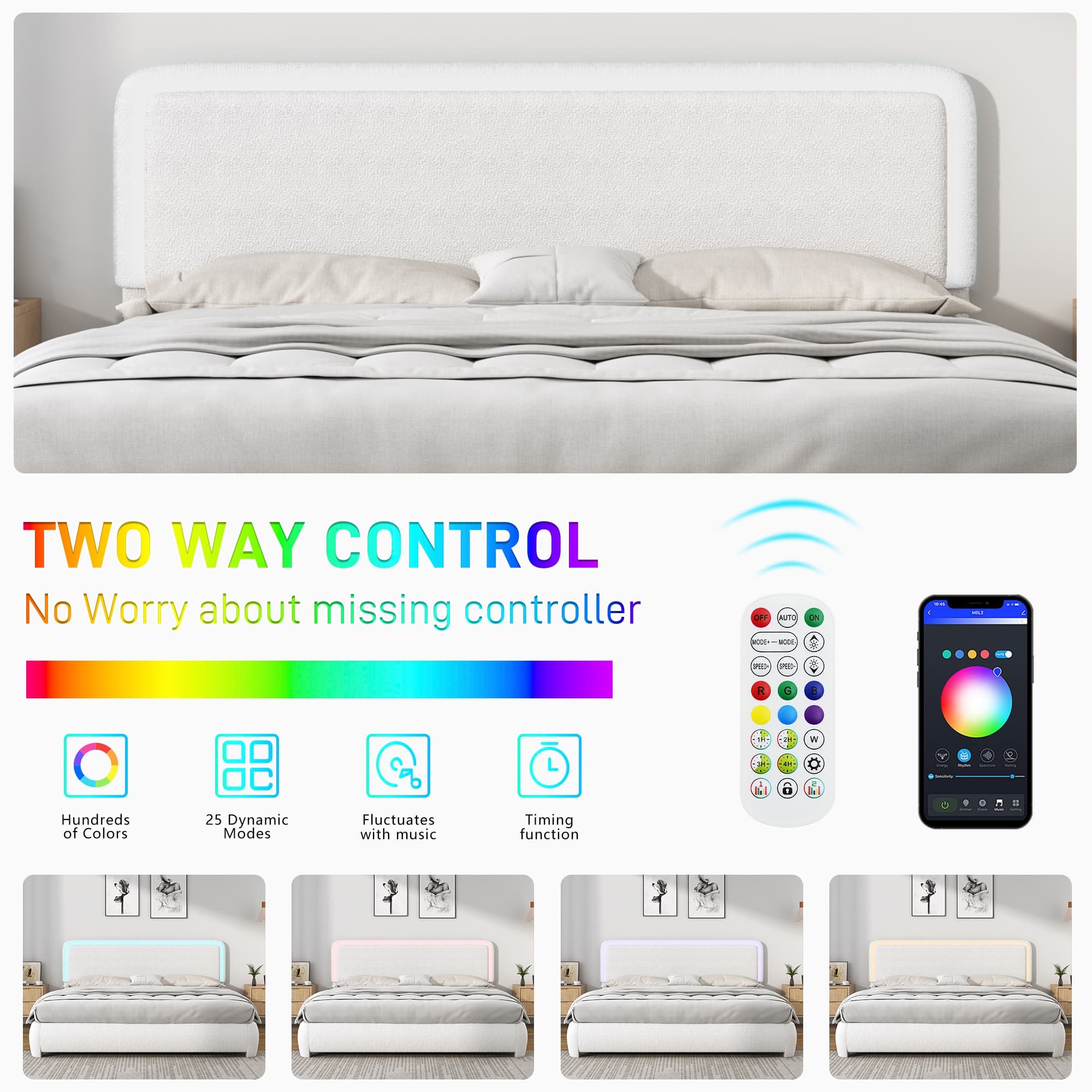 Boucle Upholstered Platform Bed with LED Light & Adjustable Headboard