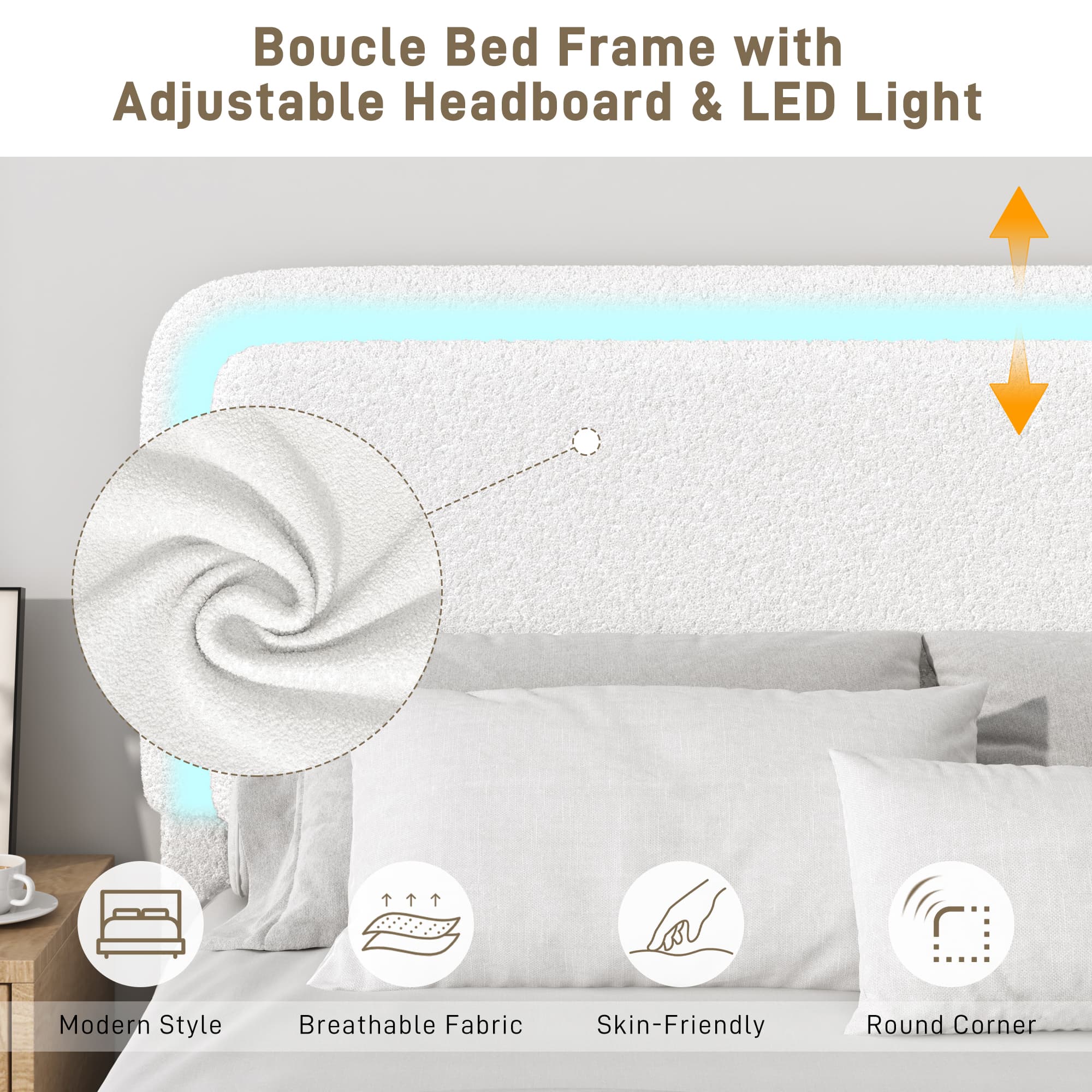 Boucle Upholstered Platform Bed with LED Light & Adjustable Headboard