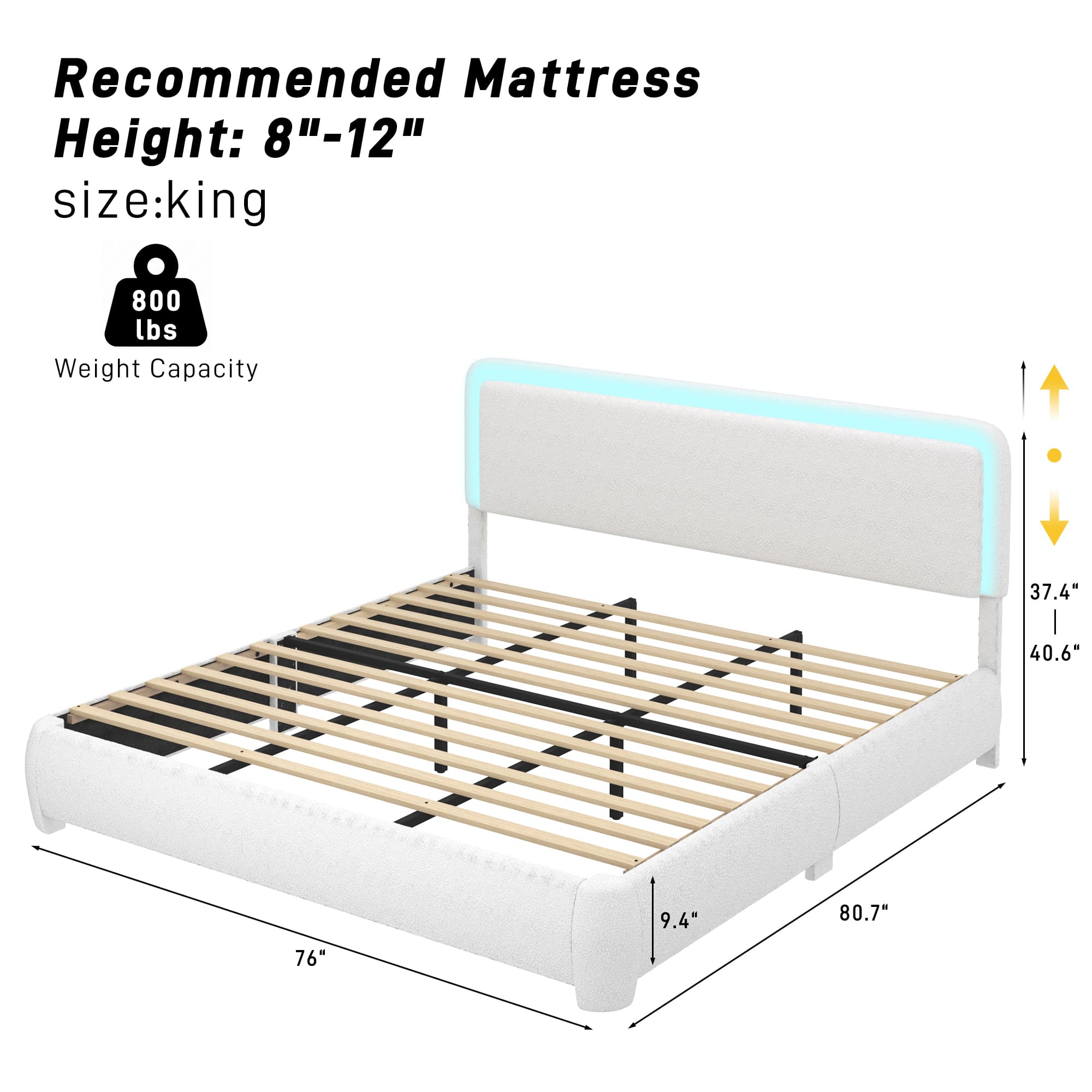 Boucle Upholstered Platform Bed with LED Light & Adjustable Headboard