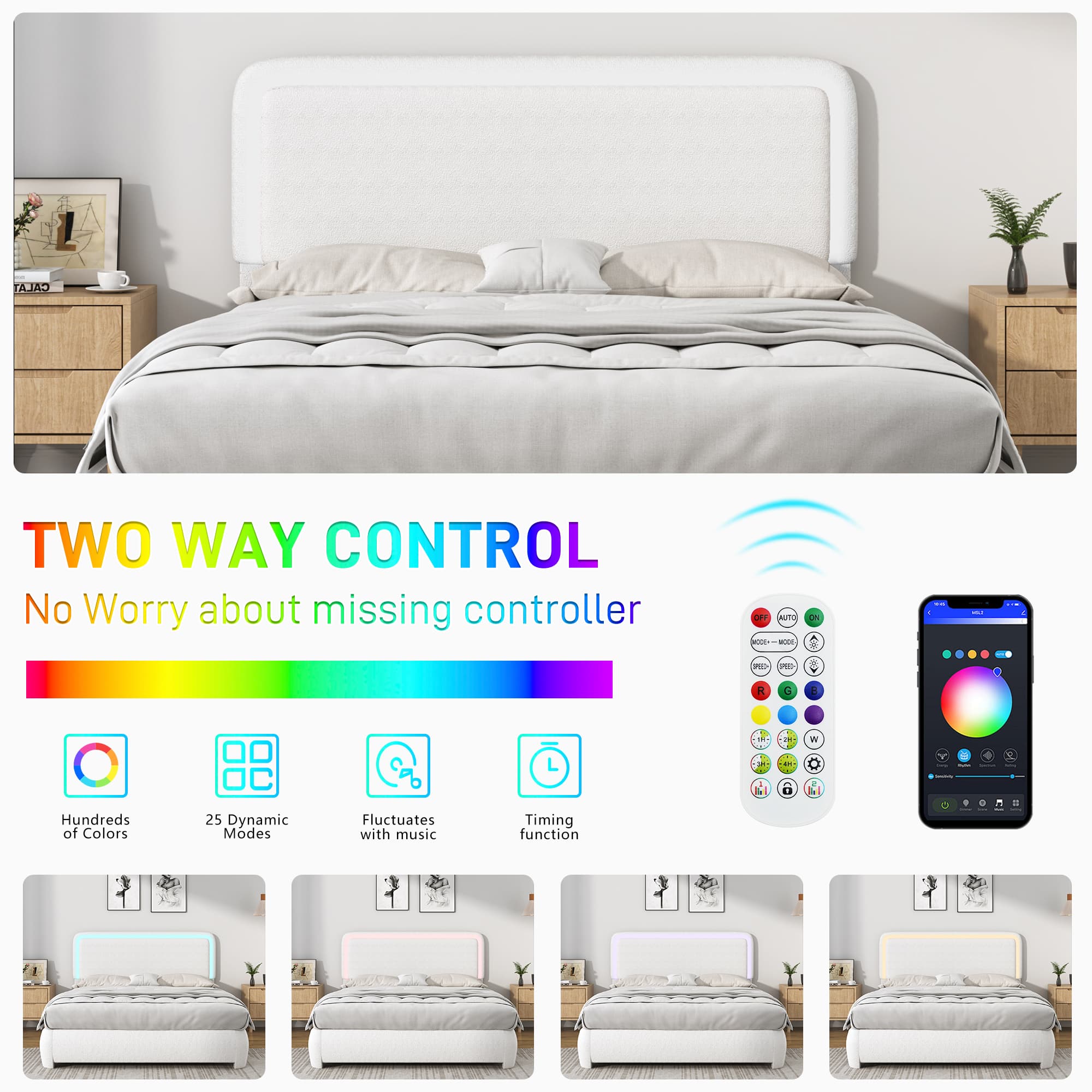 Boucle Upholstered Platform Bed with LED Light & Adjustable Headboard