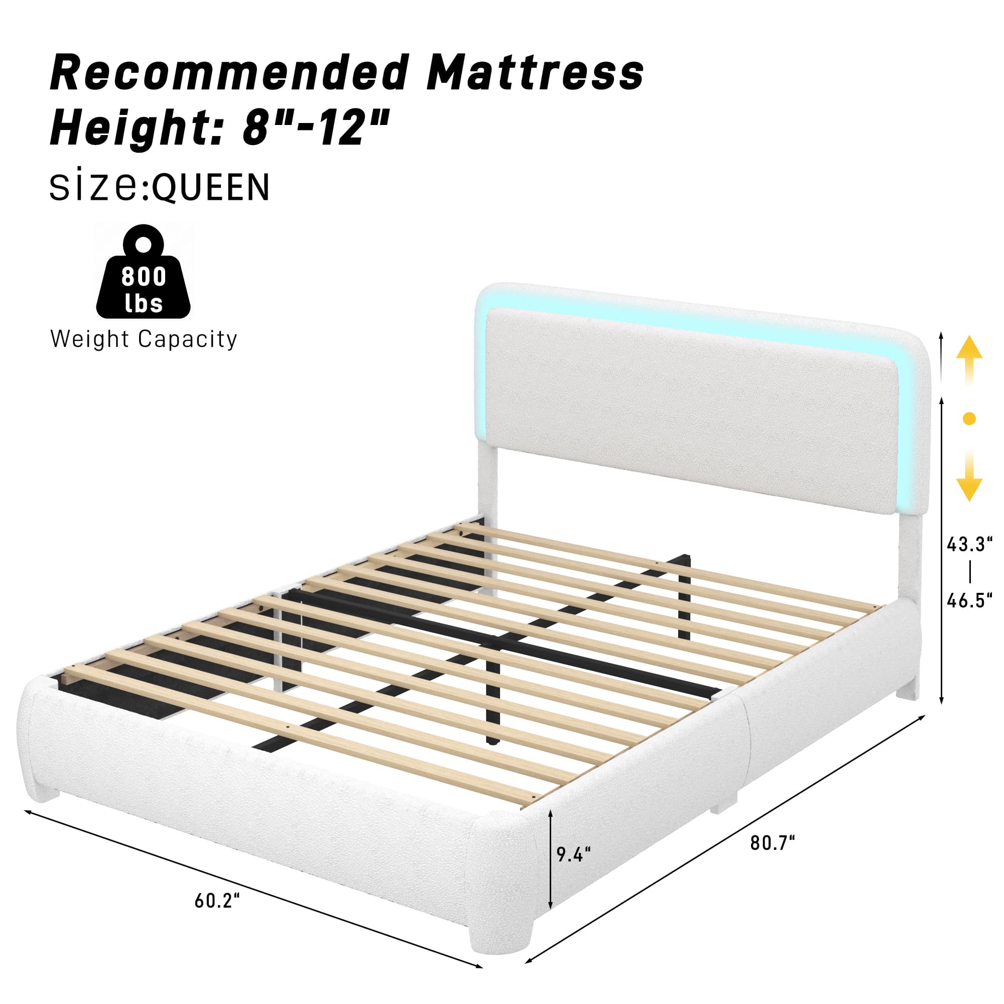 Boucle Upholstered Platform Bed with LED Light & Adjustable Headboard
