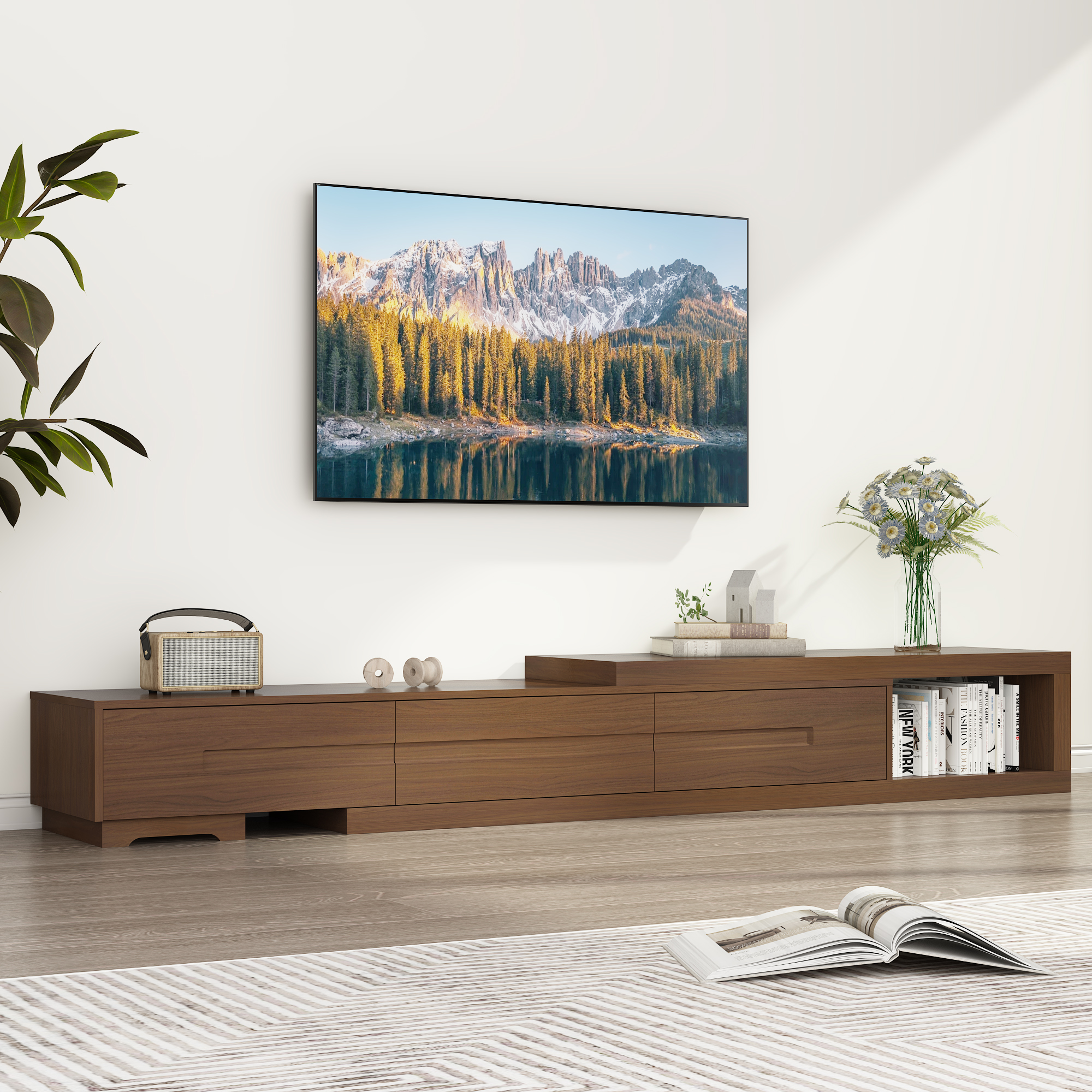 ChVans Extendable TV Stand for 85/100/120 inch TV, 82"-110" Wood Reversible TV Media Console with 3 Drawers