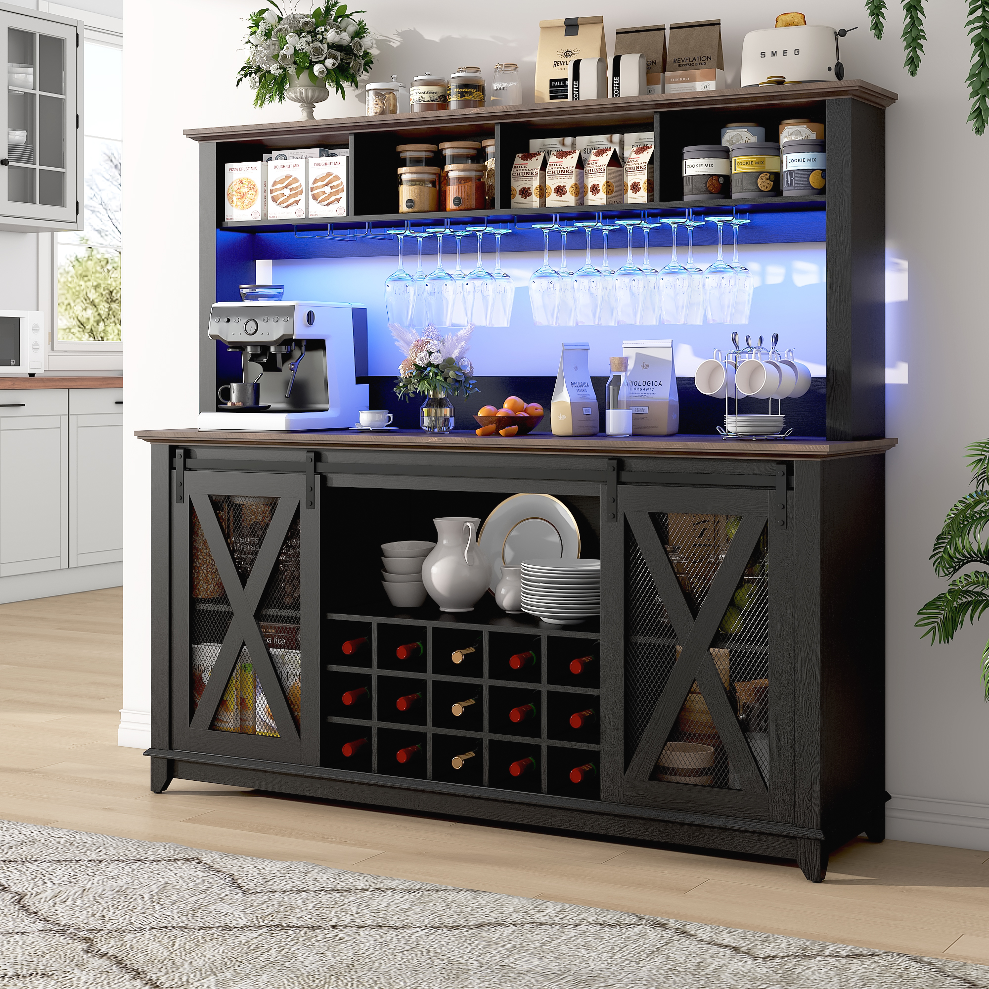 ANPOO 63"W Farmhouse Coffee Bar Cabinet Wine Rack and Storage, Tall Wine Bar Cabinet with 4 Tier Storage Hutch, Buffet Cabinet with LED Light and Glass Racks for Kitchen Dining Room