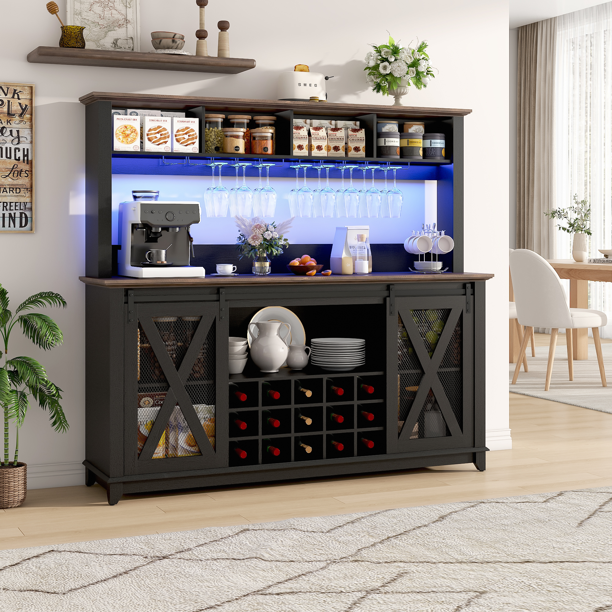 ANPOO 63"W Farmhouse Coffee Bar Cabinet Wine Rack and Storage, Tall Wine Bar Cabinet with 4 Tier Storage Hutch, Buffet Cabinet with LED Light and Glass Racks for Kitchen Dining Room