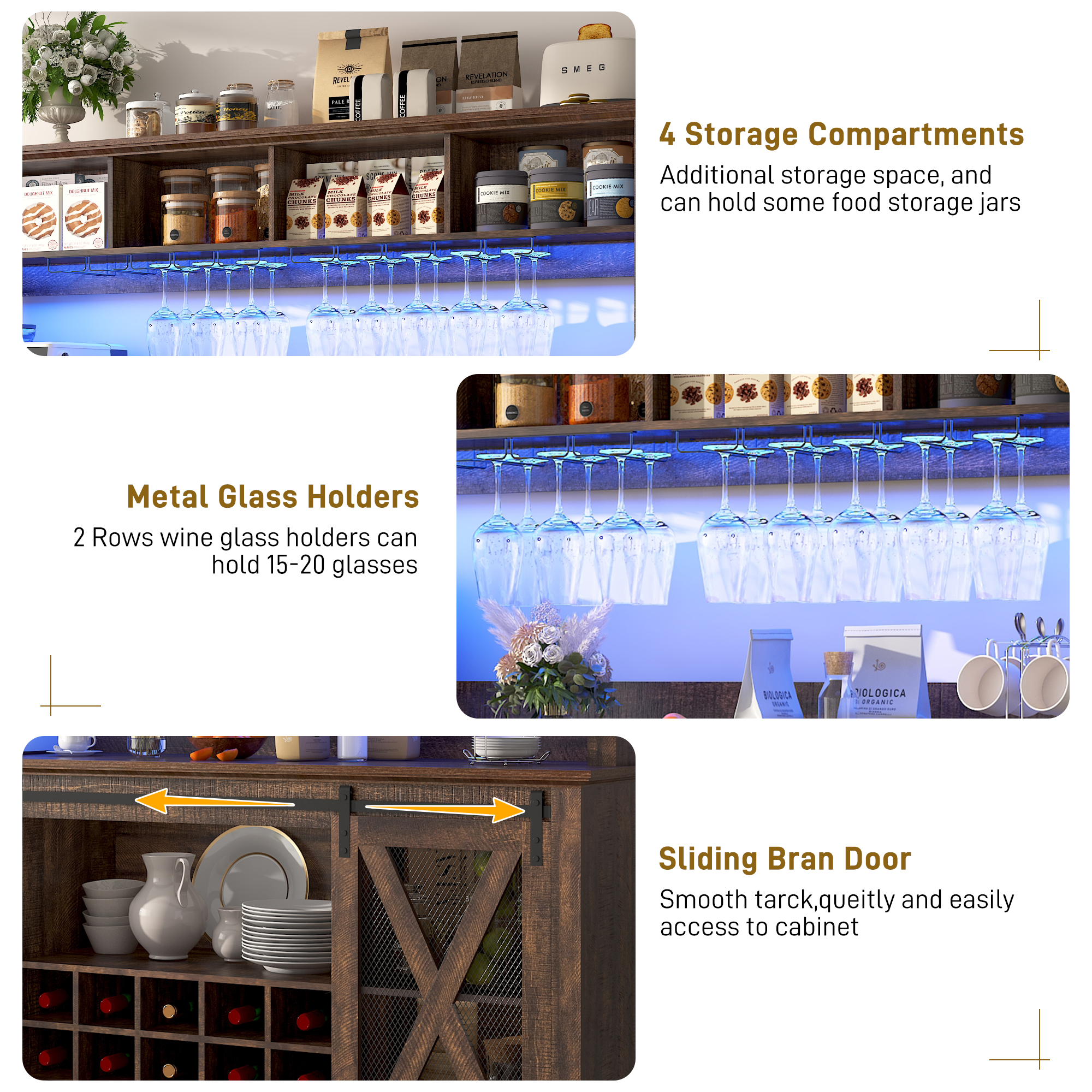 ANPOO 63"W Farmhouse Coffee Bar Cabinet Wine Rack and Storage, Tall Wine Bar Cabinet with 4 Tier Storage Hutch, Buffet Cabinet with LED Light and Glass Racks for Kitchen Dining Room