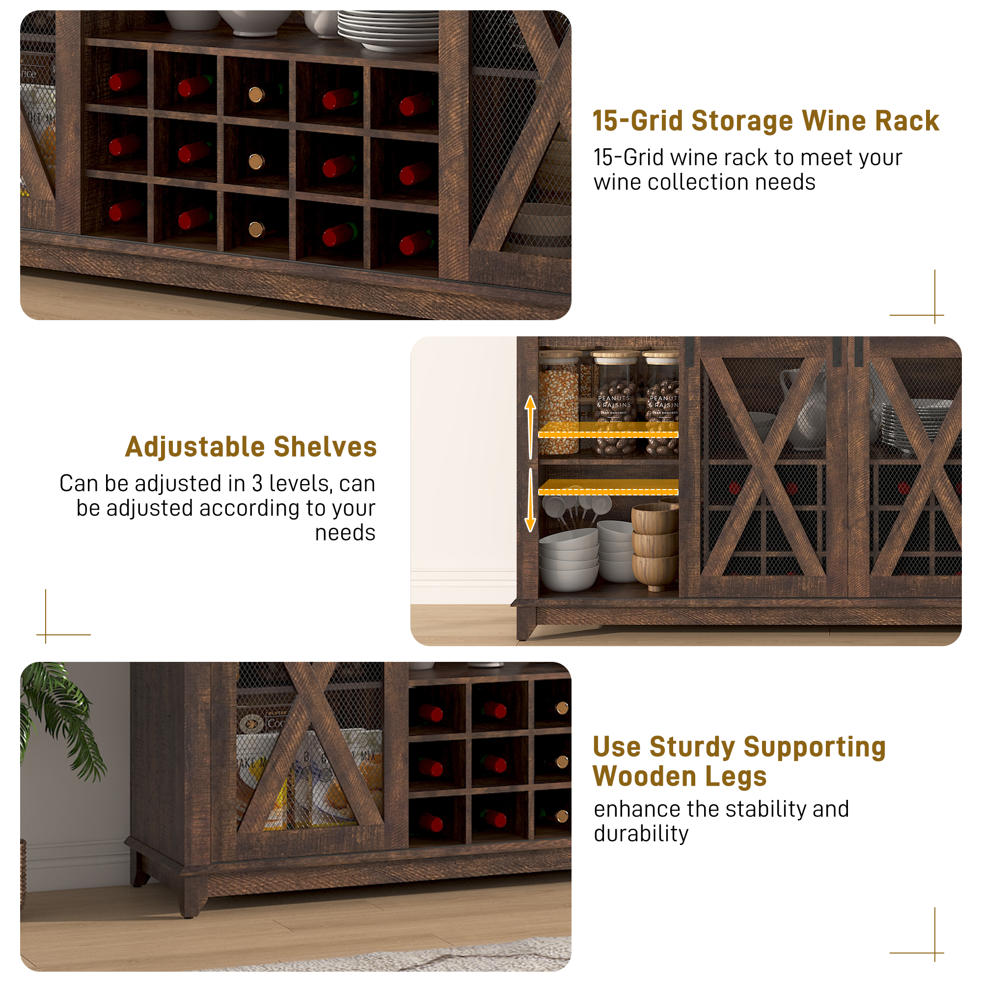 ANPOO 63"W Farmhouse Coffee Bar Cabinet Wine Rack and Storage, Tall Wine Bar Cabinet with 4 Tier Storage Hutch, Buffet Cabinet with LED Light and Glass Racks for Kitchen Dining Room