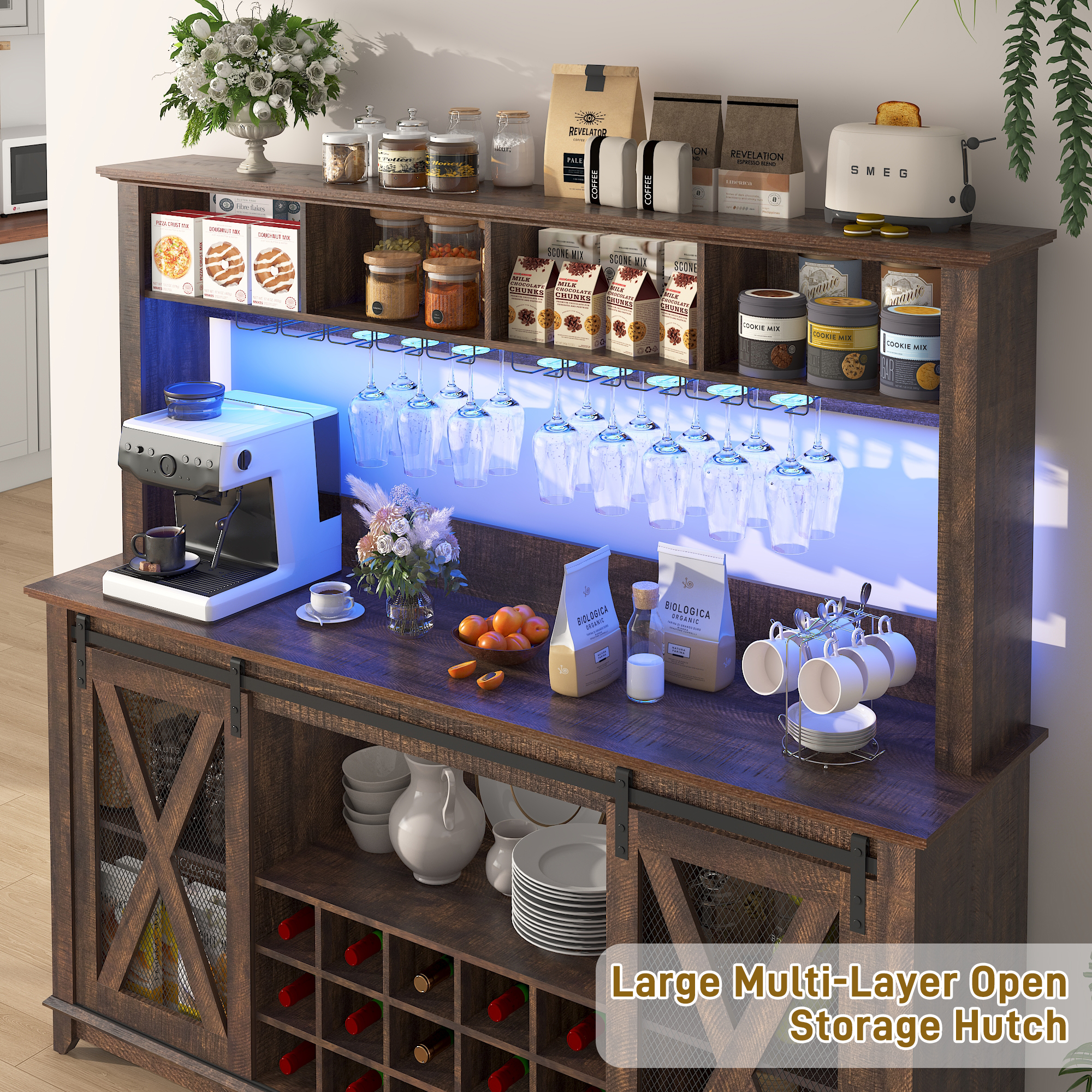 ANPOO 63"W Farmhouse Coffee Bar Cabinet Wine Rack and Storage, Tall Wine Bar Cabinet with 4 Tier Storage Hutch, Buffet Cabinet with LED Light and Glass Racks for Kitchen Dining Room