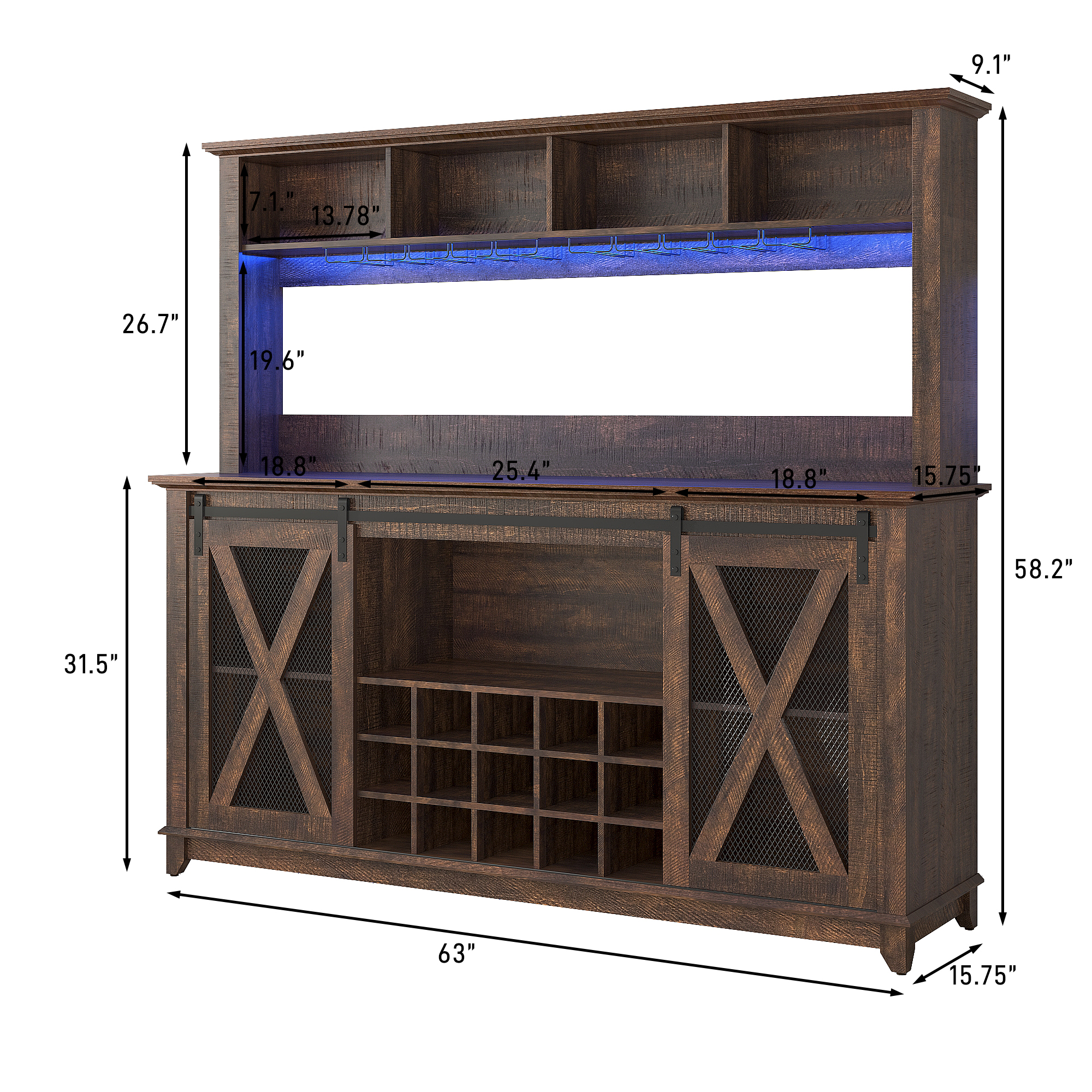ANPOO 63"W Farmhouse Coffee Bar Cabinet Wine Rack and Storage, Tall Wine Bar Cabinet with 4 Tier Storage Hutch, Buffet Cabinet with LED Light and Glass Racks for Kitchen Dining Room