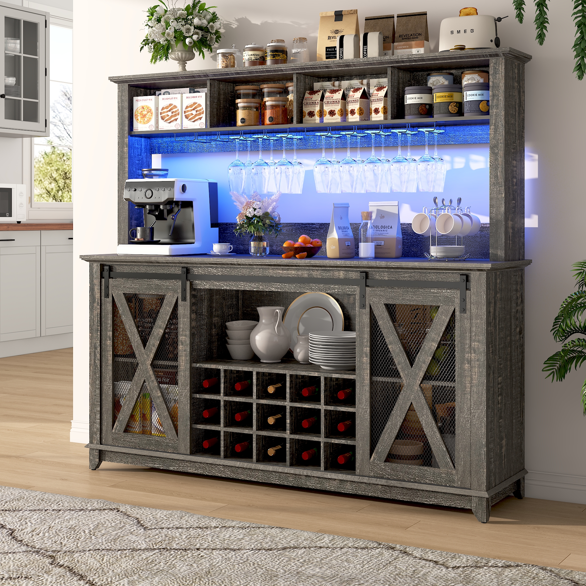 ANPOO 63"W Farmhouse Coffee Bar Cabinet Wine Rack and Storage, Tall Wine Bar Cabinet with 4 Tier Storage Hutch, Buffet Cabinet with LED Light and Glass Racks for Kitchen Dining Room