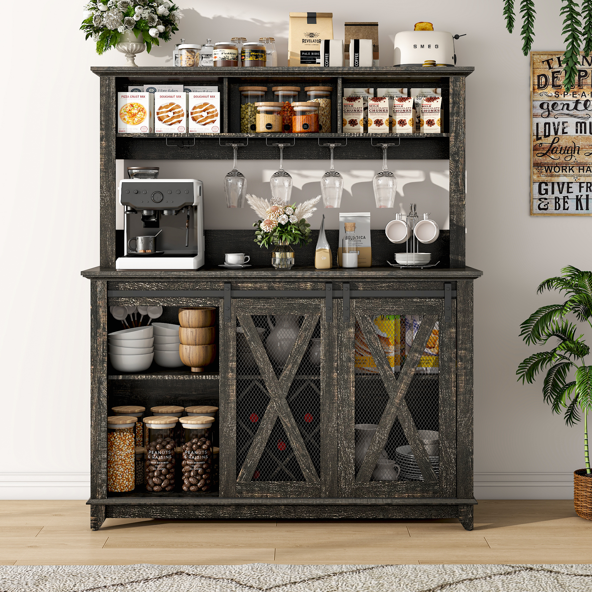 ANPOO 31.5"W Farmhouse Coffee Bar Cabinet Wine Rack and Storage, Tall Wine Bar Cabinet with 2 Tier Storage Hutch, Buffet Cabinet with LED Light and Glass Racks for Kitchen Dining Room