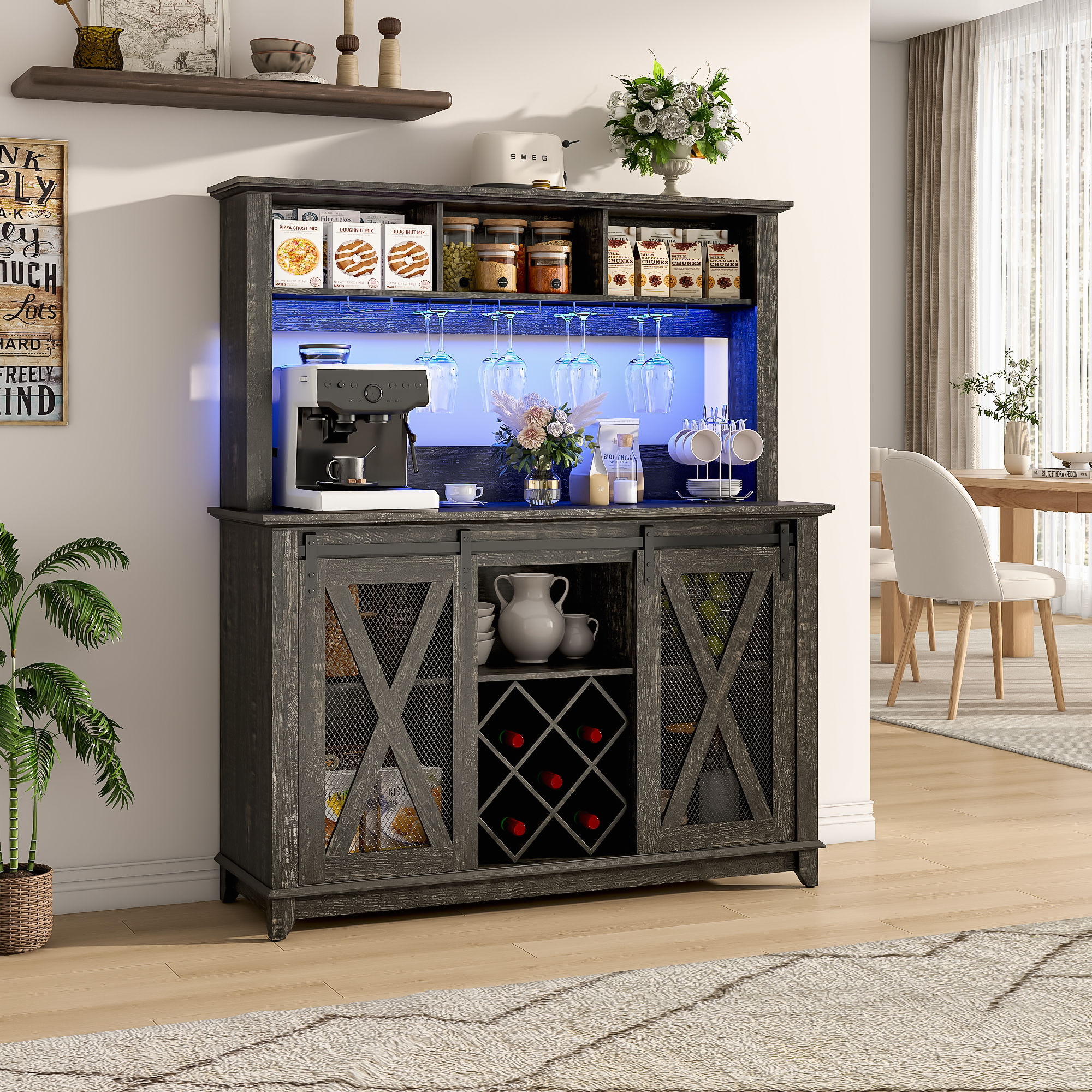 ANPOO 31.5"W Farmhouse Coffee Bar Cabinet Wine Rack and Storage, Tall Wine Bar Cabinet with 2 Tier Storage Hutch, Buffet Cabinet with LED Light and Glass Racks for Kitchen Dining Room