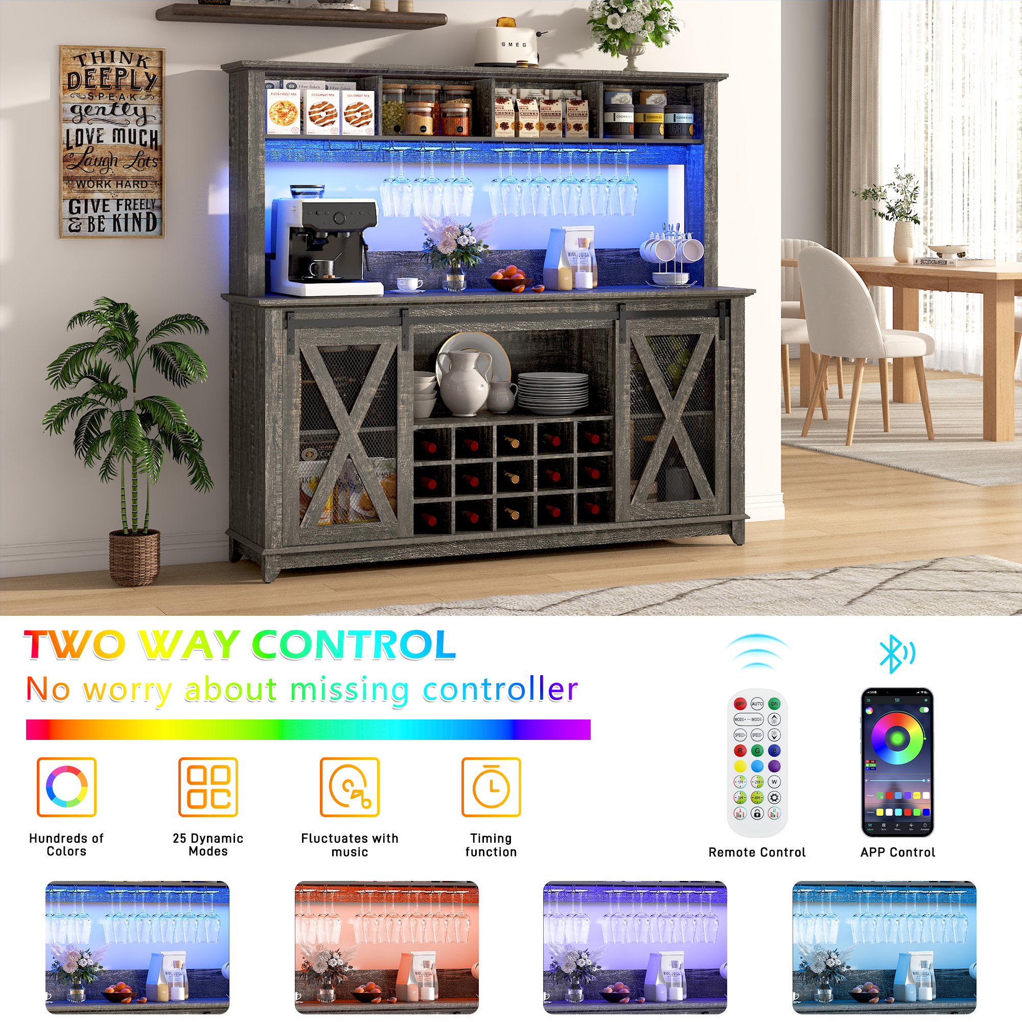 ANPOO 63"W Farmhouse Coffee Bar Cabinet Wine Rack and Storage, Tall Wine Bar Cabinet with 4 Tier Storage Hutch, Buffet Cabinet with LED Light and Glass Racks for Kitchen Dining Room