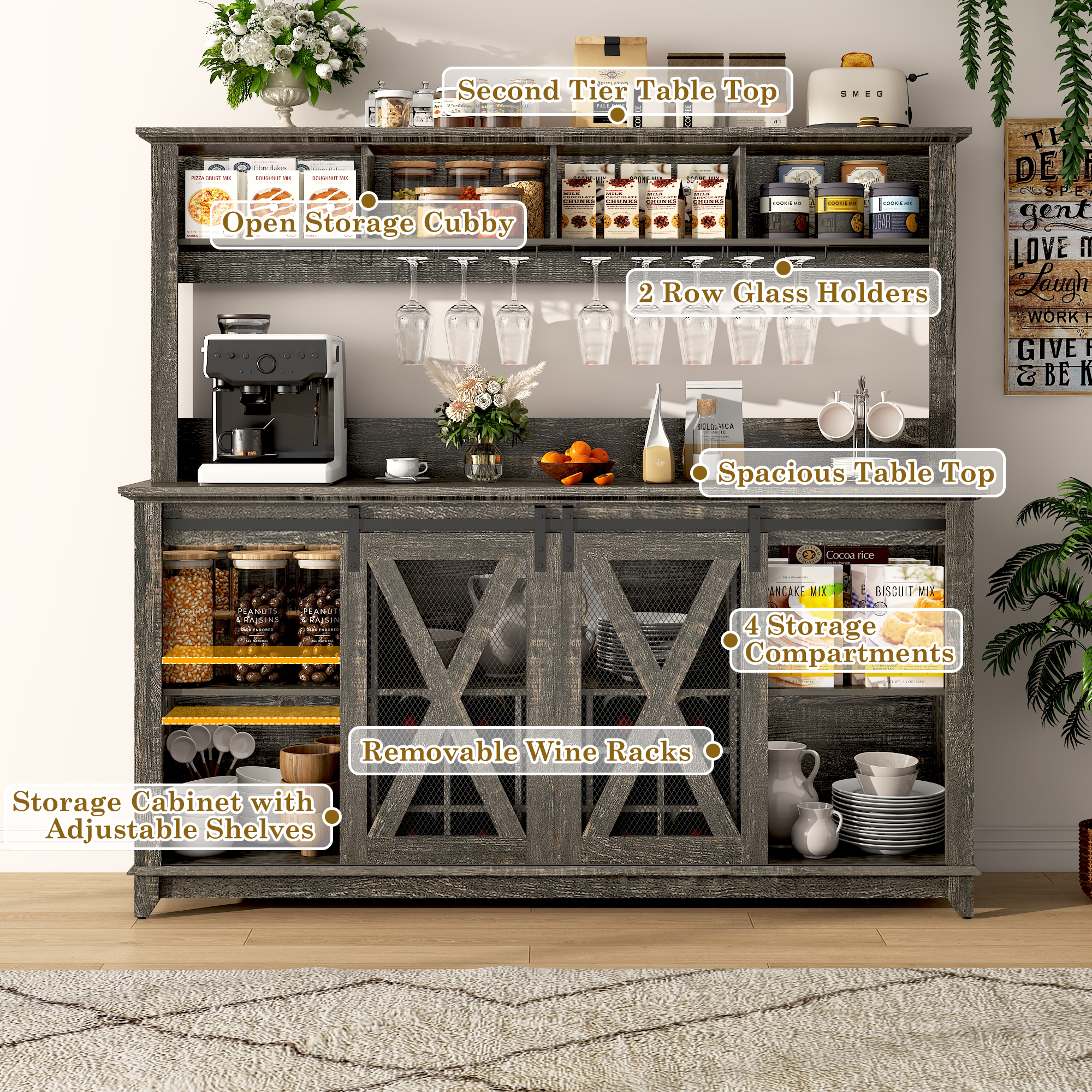 ANPOO 63"W Farmhouse Coffee Bar Cabinet Wine Rack and Storage, Tall Wine Bar Cabinet with 4 Tier Storage Hutch, Buffet Cabinet with LED Light and Glass Racks for Kitchen Dining Room